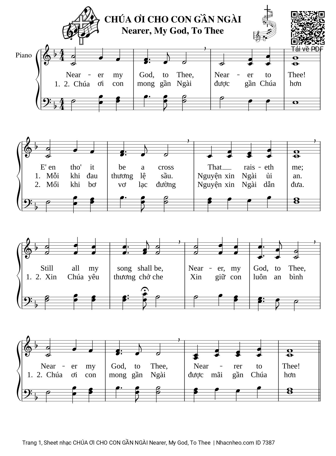 Trang 1 của Sheet nhạc PDF bài hát Chúa ơi cho con gần Ngài Piano (Nearer, My God, To Thee) - Lowell Mason, Chúa ơi cho con gần Ngài, đực gần Chúa hơn.  * Nearer, my God, to Thee, nearer to Thee !