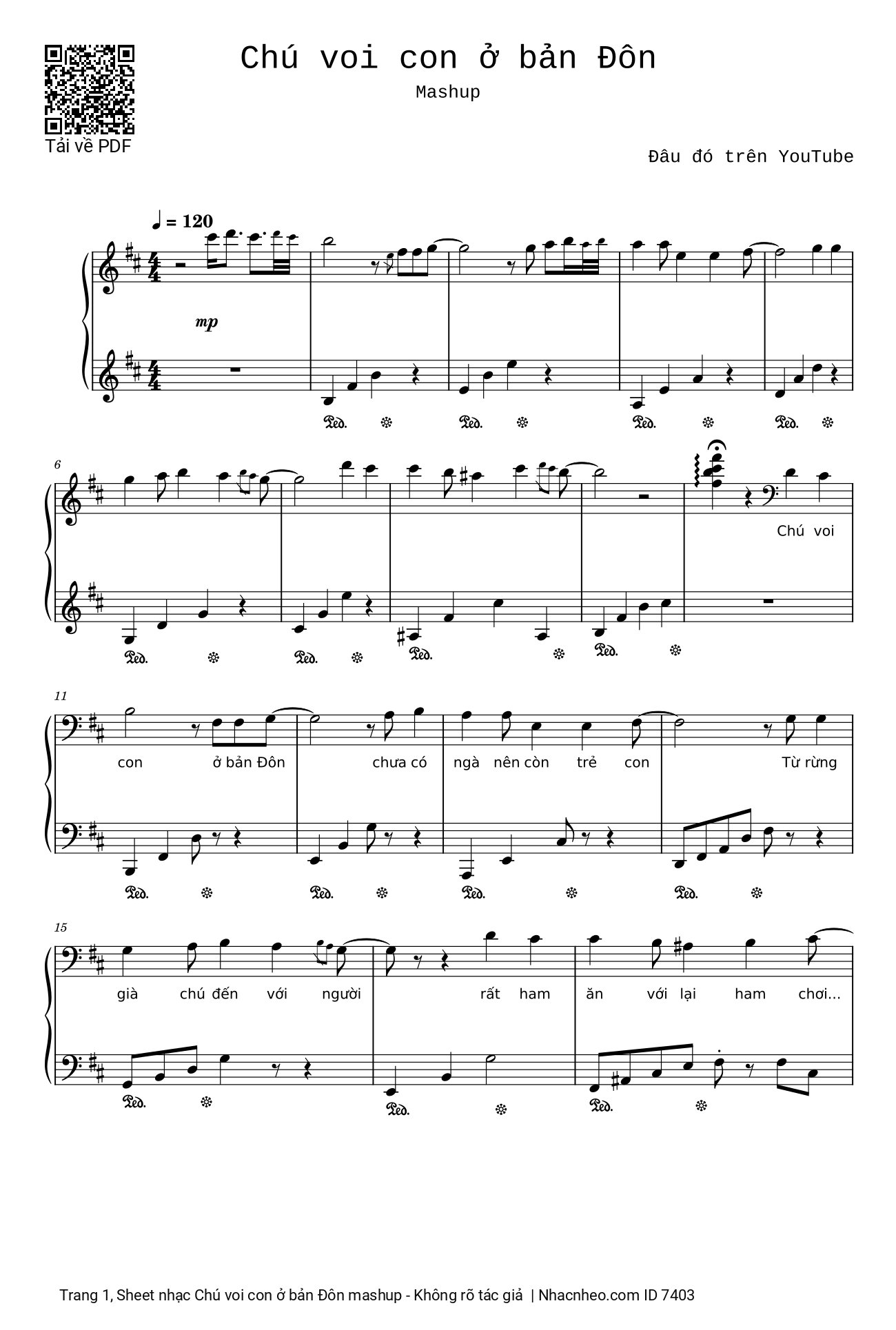 Trang 1 của Sheet nhạc PDF Piano bài hát Chú voi con ở bản Đôn + Một lần Thôi + Anh cứ đi đi + Cầu Vồng Khuyết mashup Piano - Phạm Tuyên