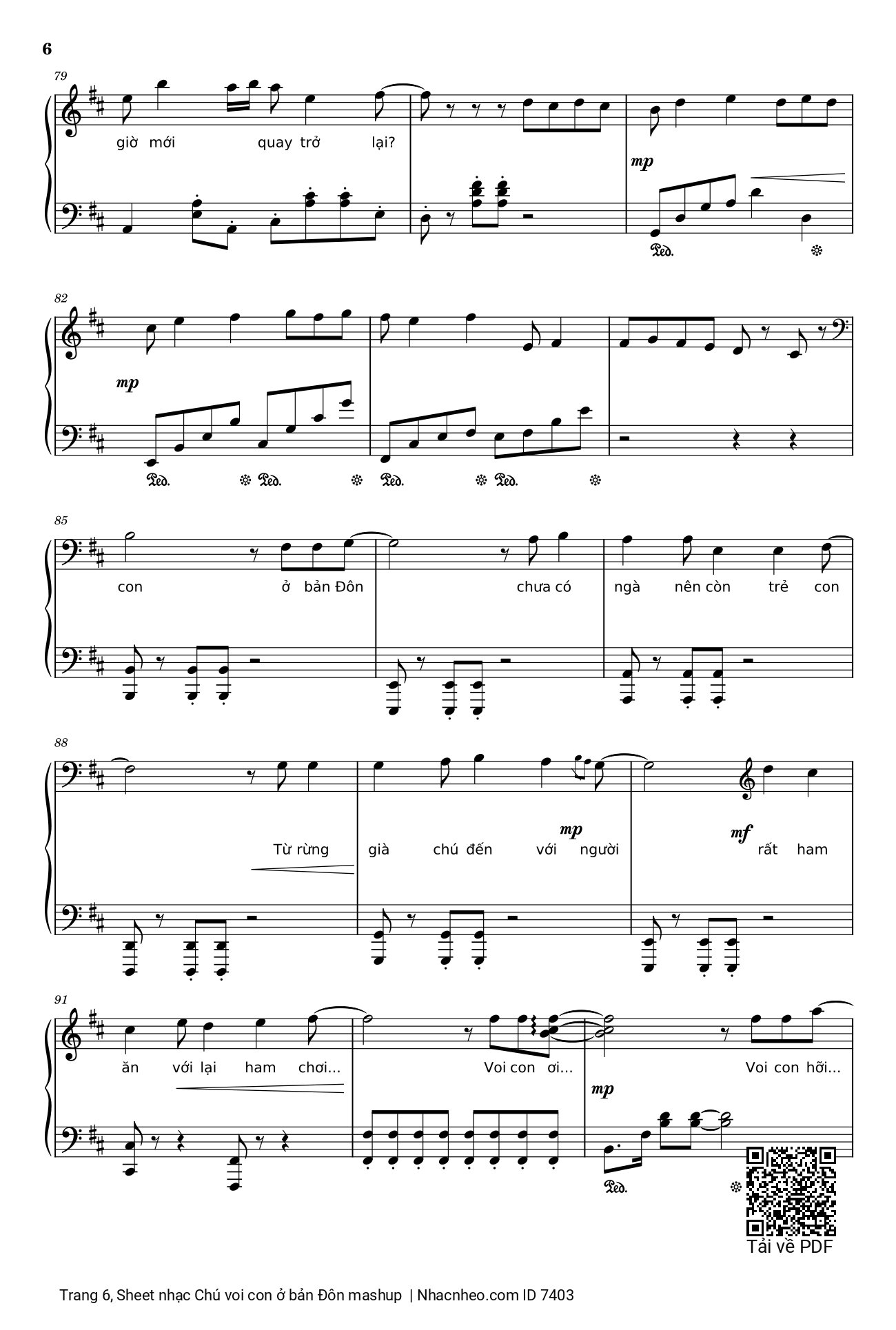 Trang 6 của Sheet nhạc PDF Piano bài hát Chú voi con ở bản Đôn + Một lần Thôi + Anh cứ đi đi + Cầu Vồng Khuyết mashup Piano - Phạm Tuyên, Chú voi con ở bản Đôn + Một lần Thôi + Cầu Vồng Khuyết mashup Piano. Chú voi con ở Bản Đôn Chưa có ngà nên còn trẻ con