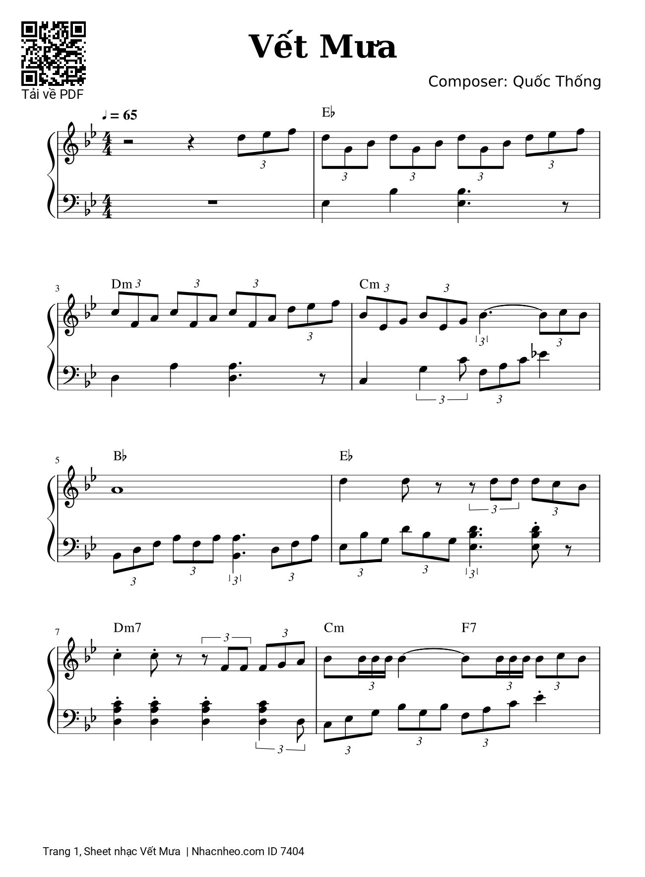 Trang 1 của Sheet nhạc PDF bài hát Vết Mưa Piano Cover - Vũ Cát Tường, Cơn mưa, đã xoá hết những ngày yêu qua, Chỉ còn mình anh ngu ngơ, Mong cho cơn mưa tan trong yêu thư