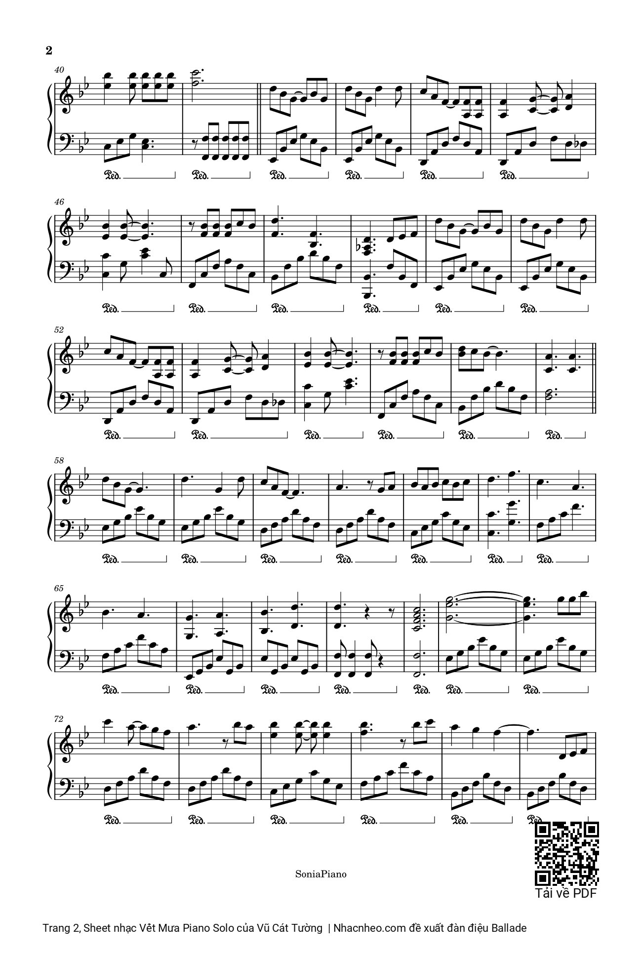 Trang 2 của Sheet nhạc PDF bài hát Vết Mưa Piano Solo - Vũ Cát Tường, Cơn mưa, đã xoá hết những ngày yêu qua, Chỉ còn mình anh ngu ngơ. Vũ Cát Tường