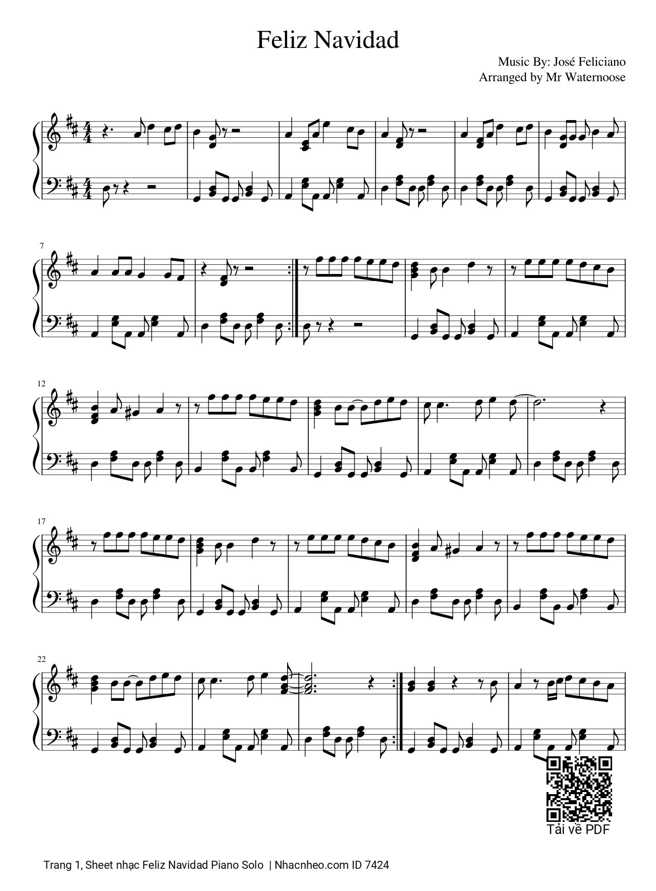 Trang 1 của Sheet nhạc PDF bài hát Feliz Navidad Piano Solo - José Feliciano, Feliz Navi dad.Feliz Navi  dad.