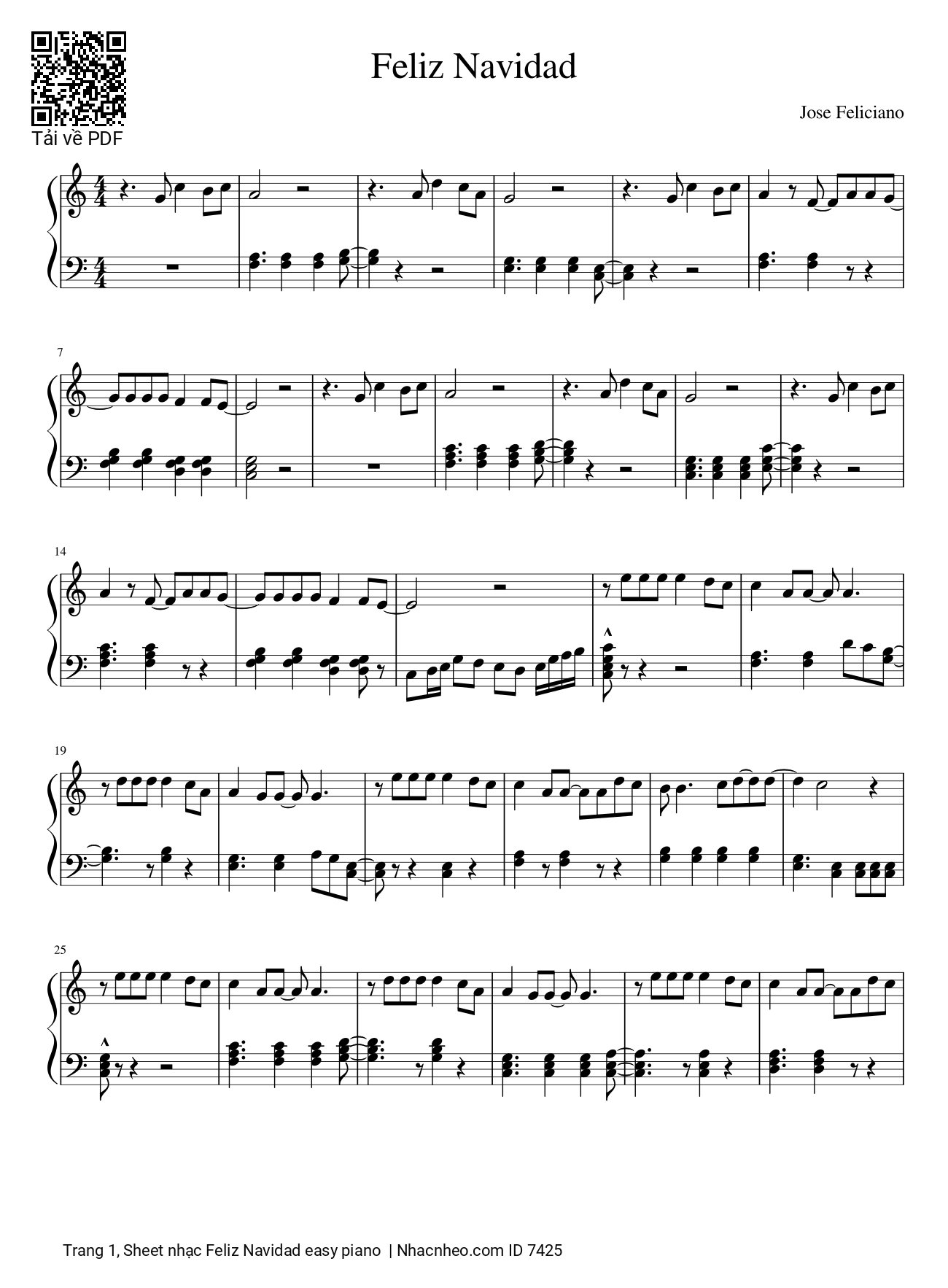 Trang 1 của Sheet nhạc PDF bài hát Piano dễ Feliz Navidad (Đô trưởng) - Jose Feliciano, Mừng giáng sinh đã về, Mừng Chúa sinh ra đời. Mừng Chúa đã đến rồi, Ngài đã đến đem theo những ước mơ...