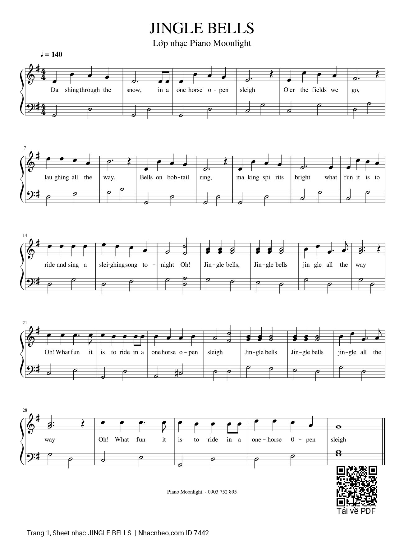 Trang 1 của Sheet nhạc PDF bài hát Piano Mừng ngày Chúa sinh ra đời Piano (Jingle Bells) - James Pierpont, Mừng ngày Chúa sinh ra đời, nào mình cùng nắm tay tươi cười