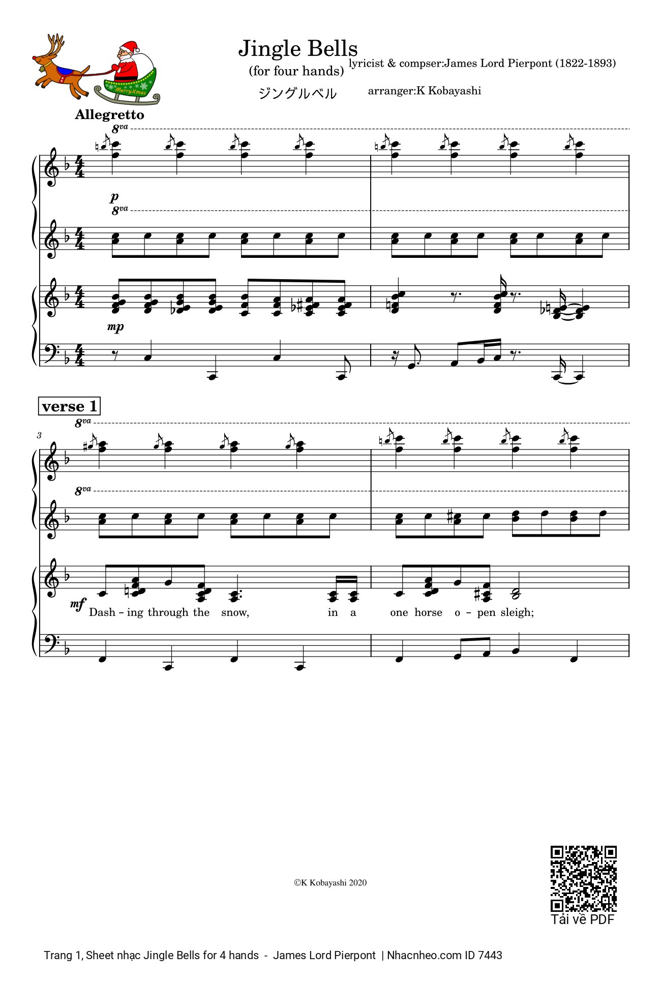 Trang 1 của Sheet nhạc PDF Piano bài hát Jingle Bells Bản Piano 2 người chơi - James Pierpont, Mừng ngày Chúa sinh ra đời, bản sheet Piano cho 4 Hands