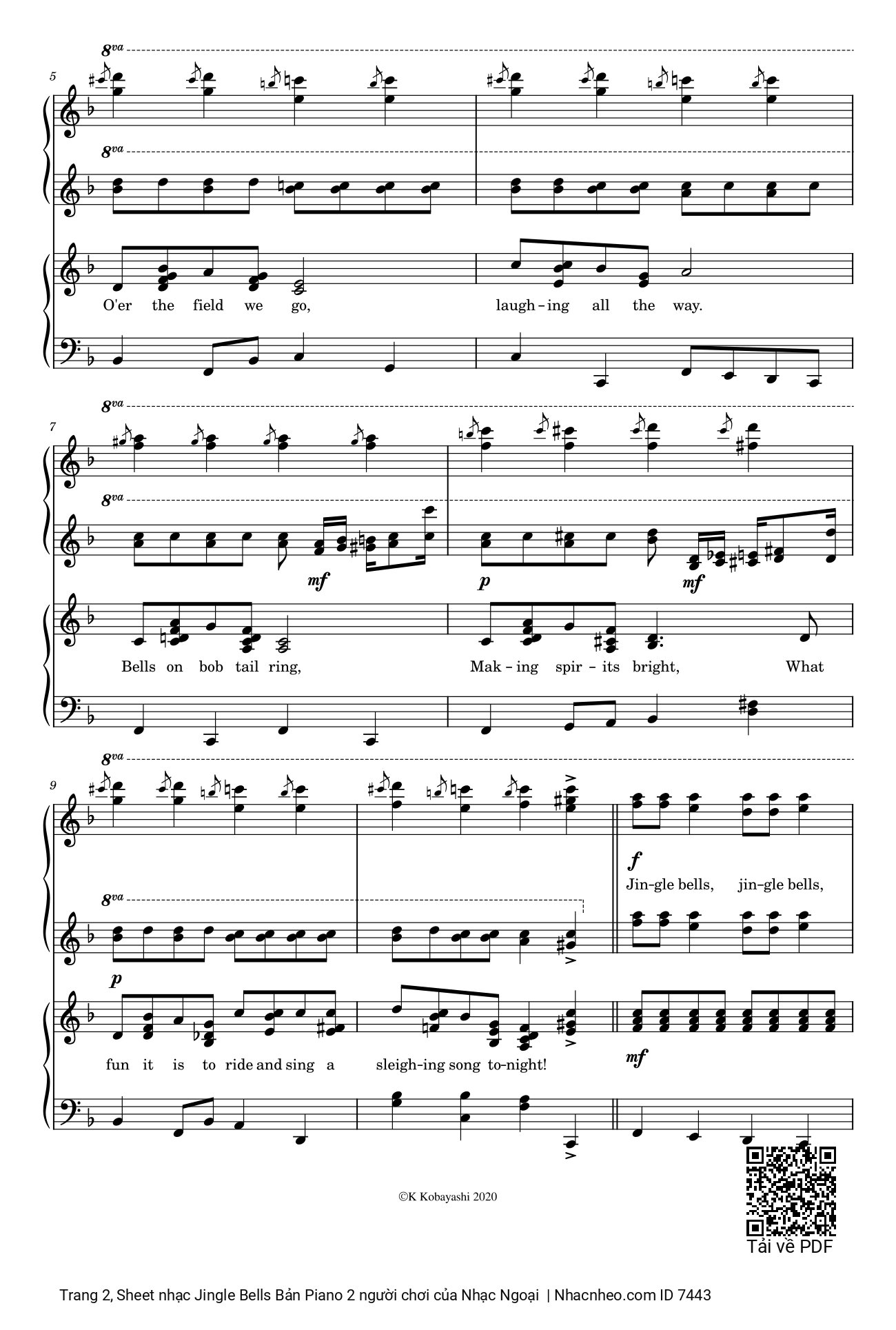 Trang 2 của Sheet nhạc PDF Piano bài hát Jingle Bells Bản Piano 2 người chơi - James Pierpont, Mừng ngày Chúa sinh ra đời, bản sheet Piano cho 4 Hands