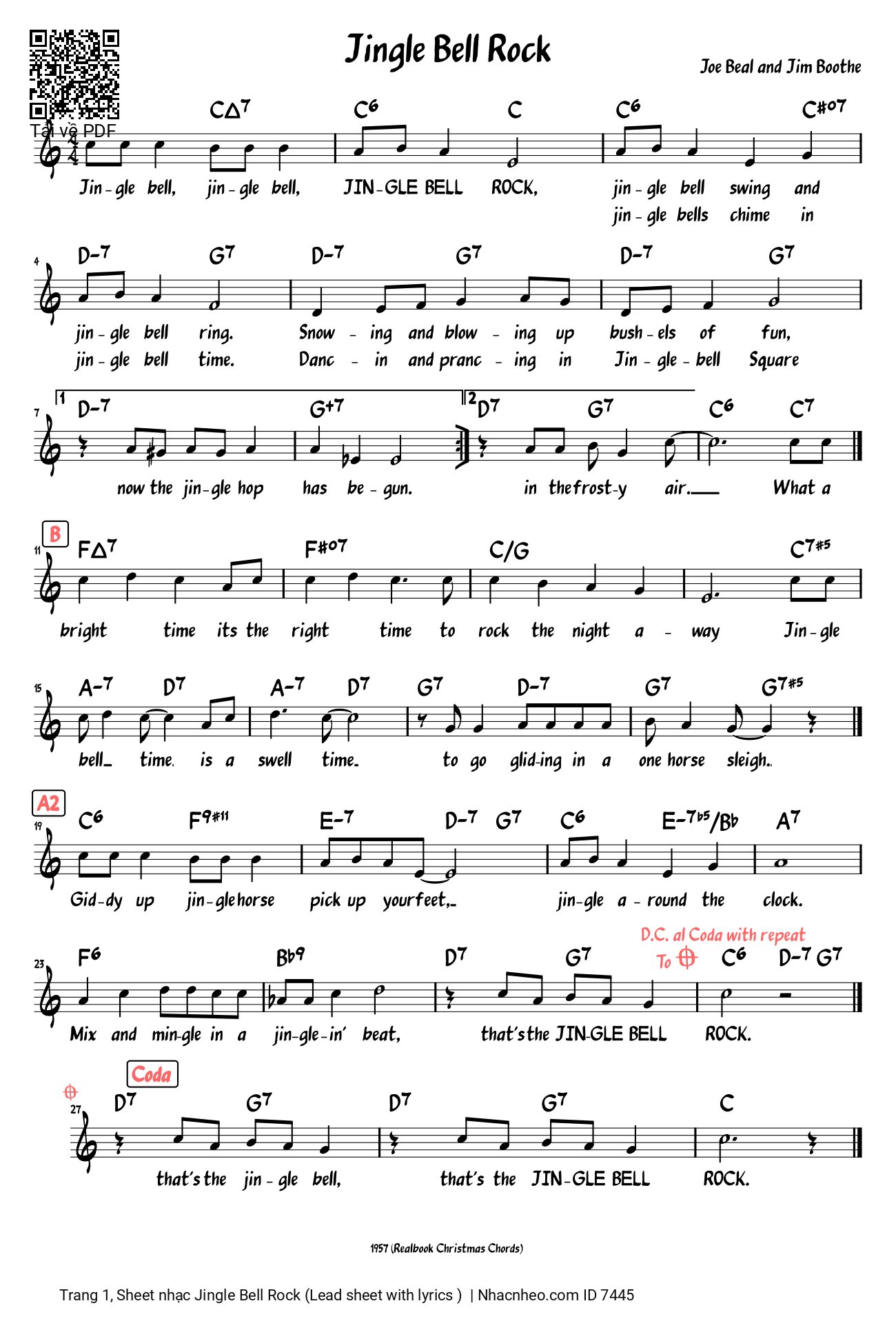 Trang 1 của Sheet nhạc PDF bài hát Jingle Bell Rock - Joseph Carleton Beal, Jingle bell, jingle bell, jingle bell rock. Jingle bells swing and jingle bells ring Snowing and blowing up bushels of fun