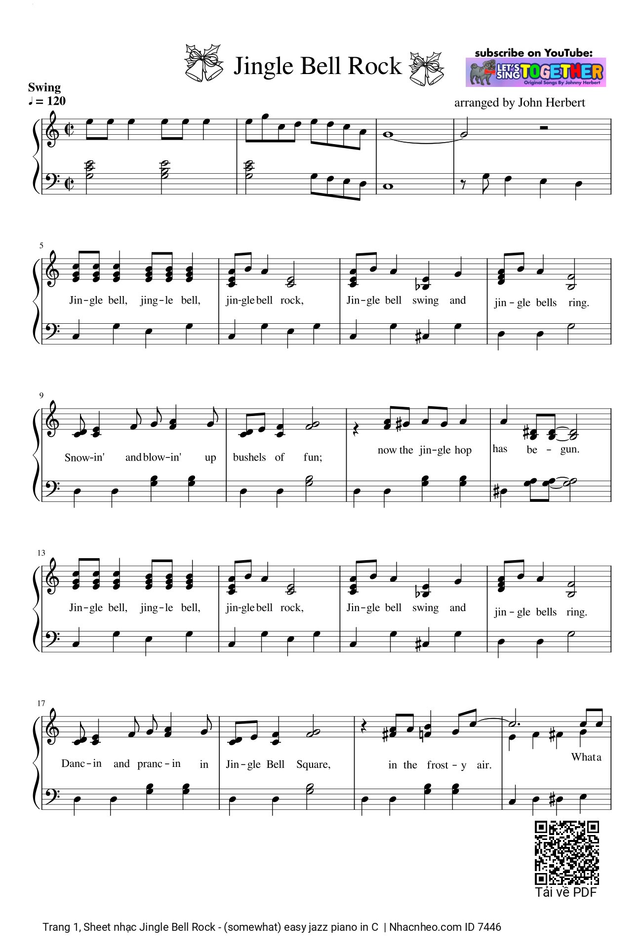 Trang 1 của Sheet nhạc PDF Piano bài hát Jingle Bell Rock Piano dễ - Joseph Carleton Beal, Jingle bell, jingle bell, jingle bell rock Piano tông Đô trưởng. Trình độ Easy