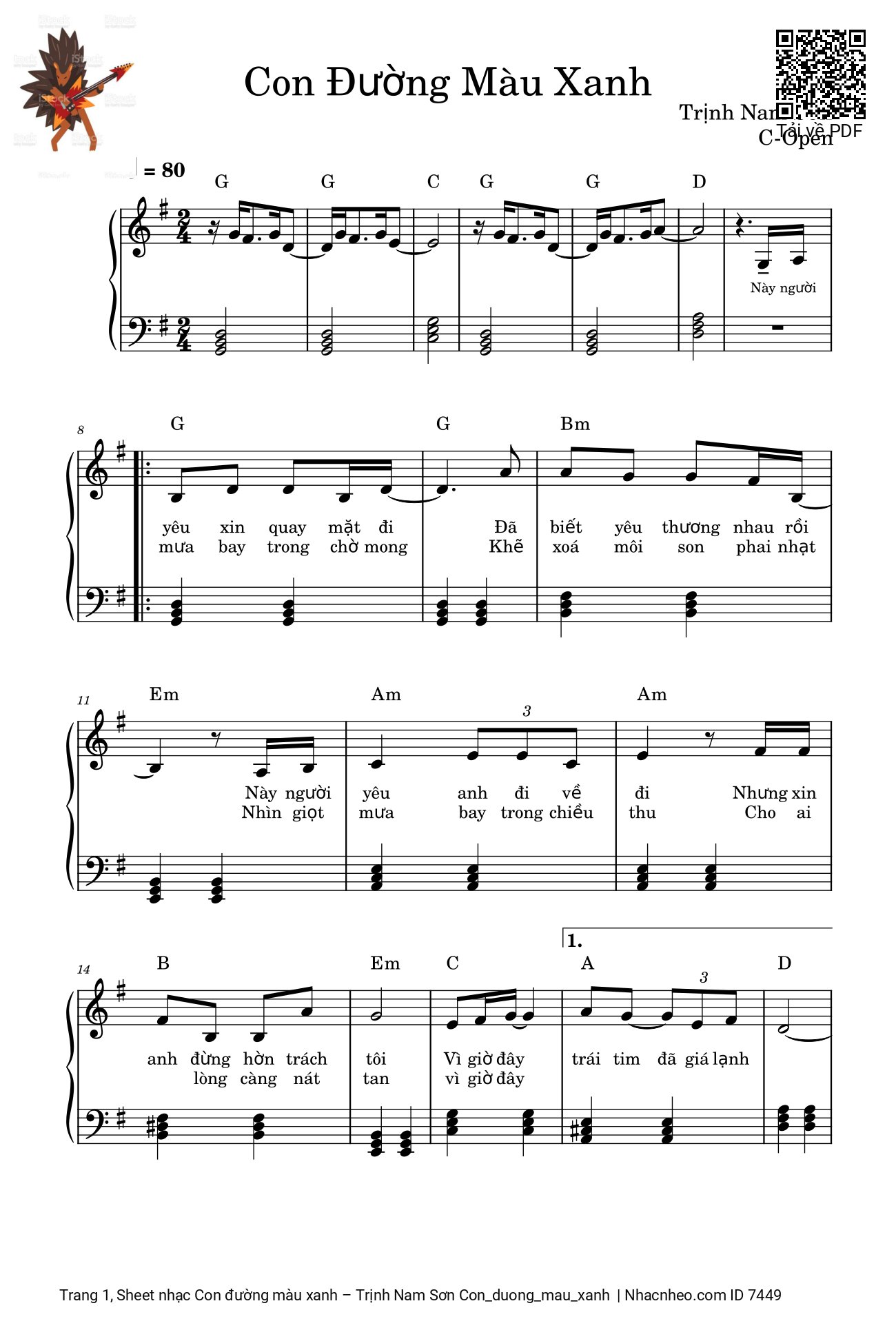 Trang 1 của Sheet nhạc PDF bài hát Piano đơn giản Con đường màu xanh - Trịnh Nam Sơn