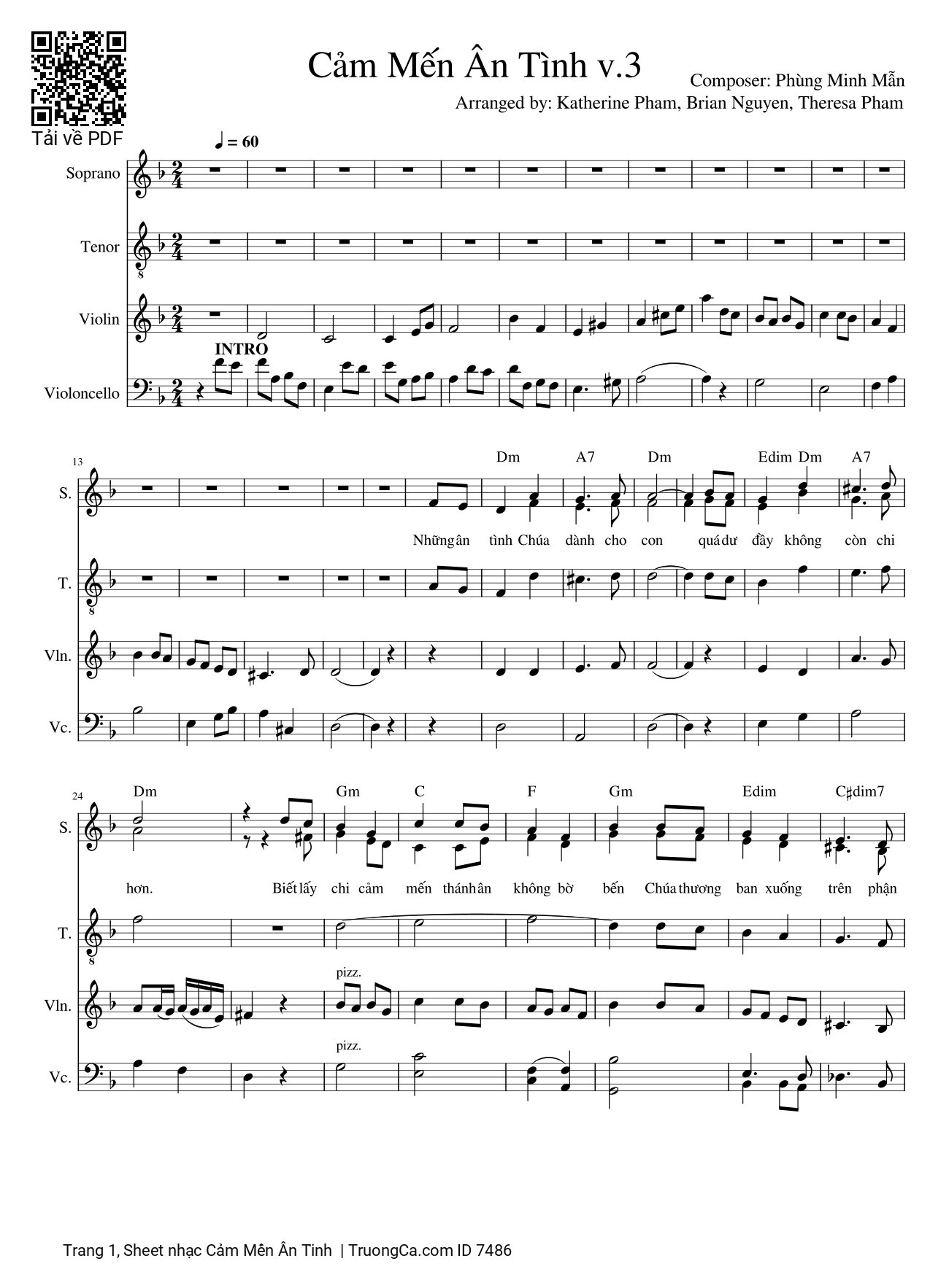 Trang 1 của Sheet nhạc PDF bài hát Cảm mến ân tình phối cho Piano, Violin, Cello - Phùng Minh Mẫn