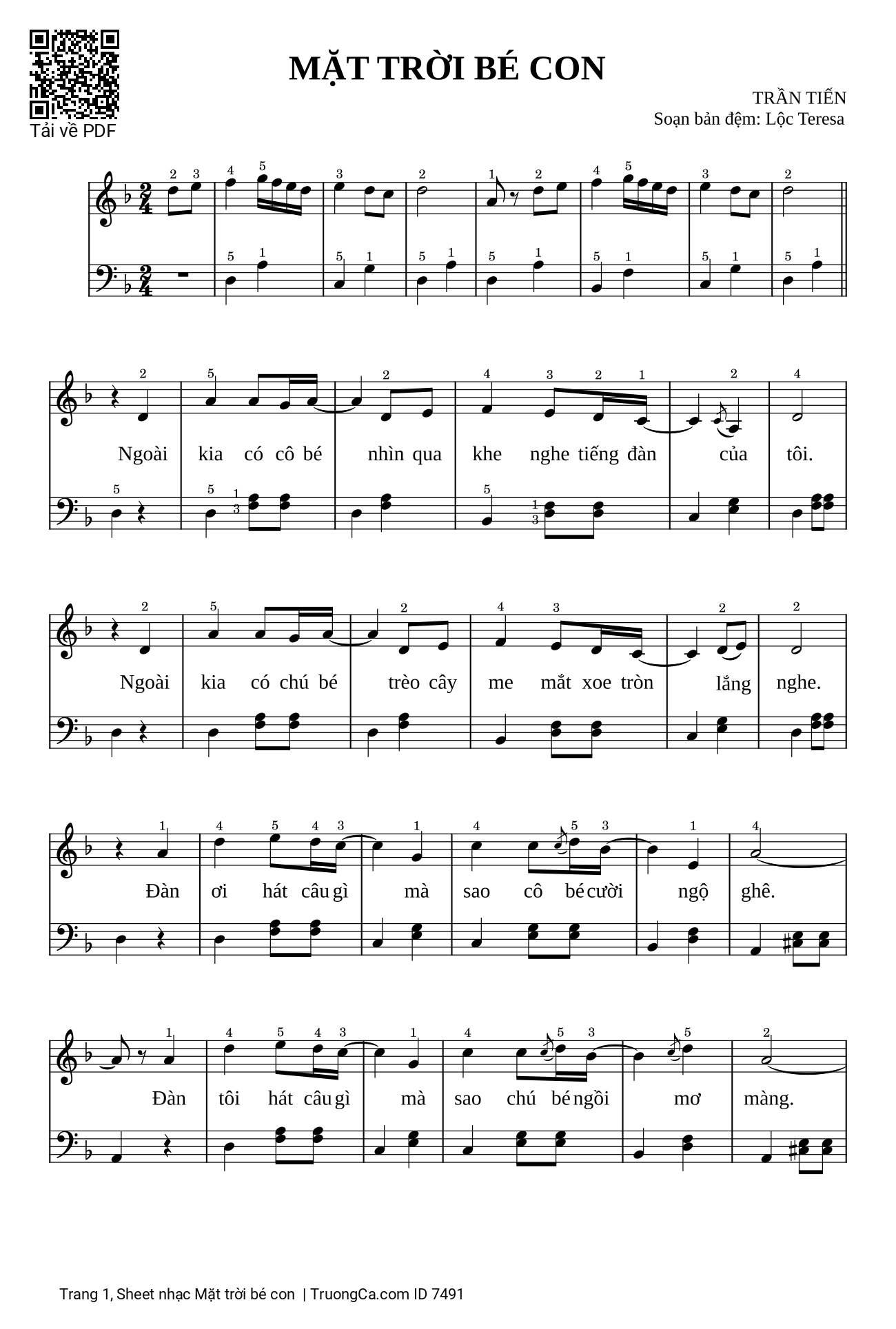 Sheet nhạc Piano solo Mặt trời bé con (dễ)