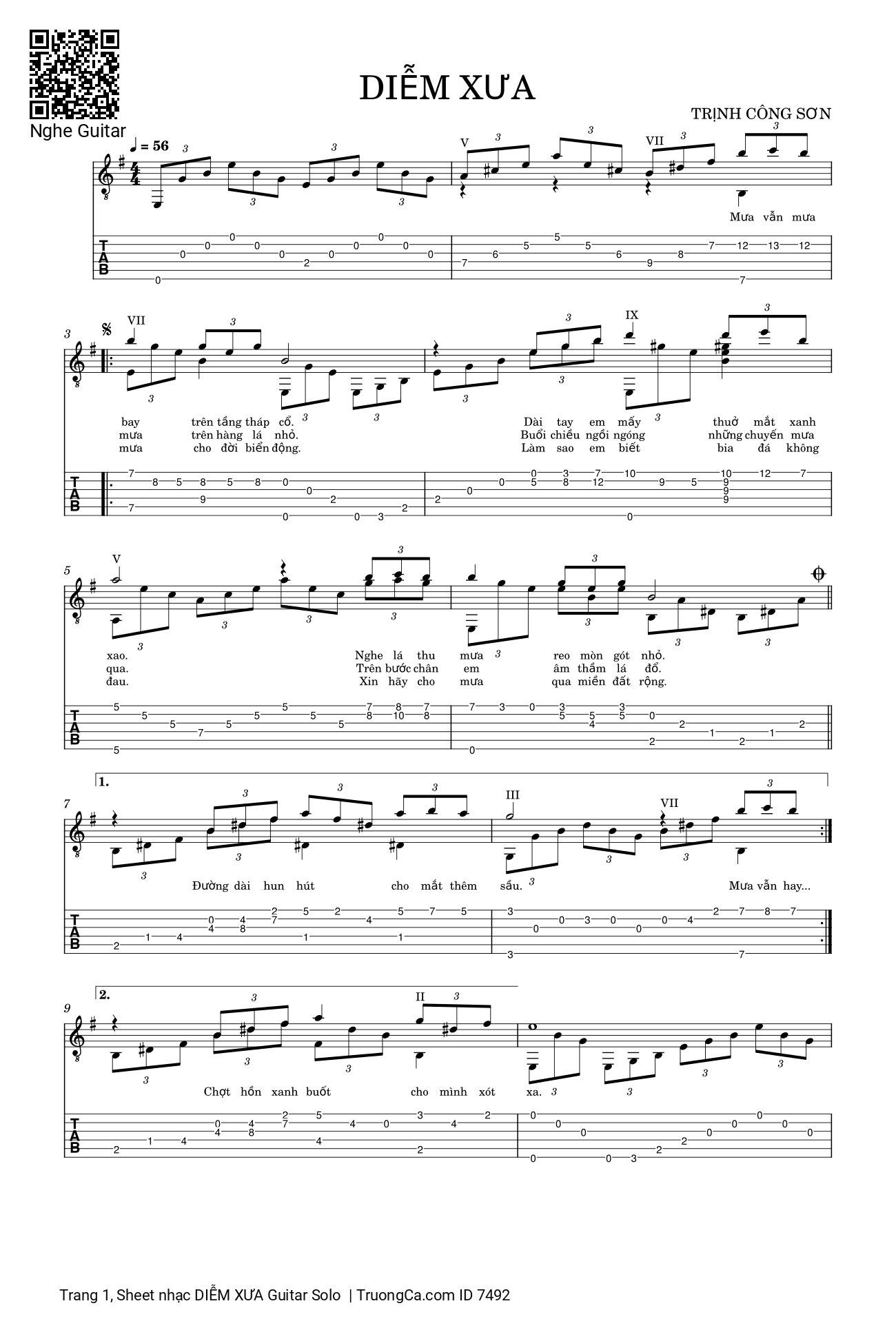 Mưa vẫn mưa bay trên tầng tháp cổ Guitar tab tone Mi thứ Em, Trang 1