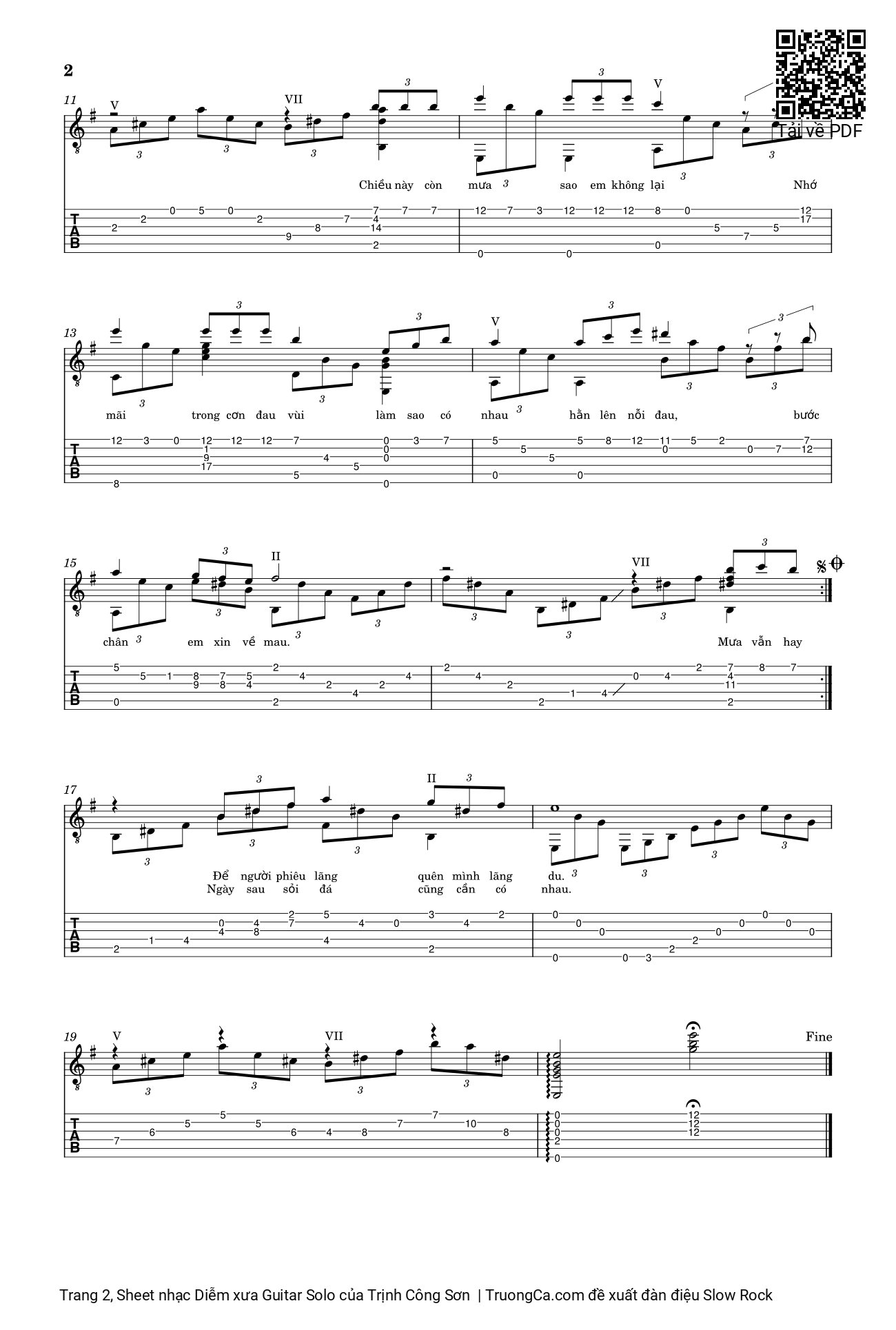 Trang 2 của Sheet nhạc PDF Guitar Tab bài hát Diễm xưa Guitar Solo - Trịnh Công Sơn, Mưa vẫn mưa bay trên tầng tháp cổ. Guitar tab tone Mi thứ Em