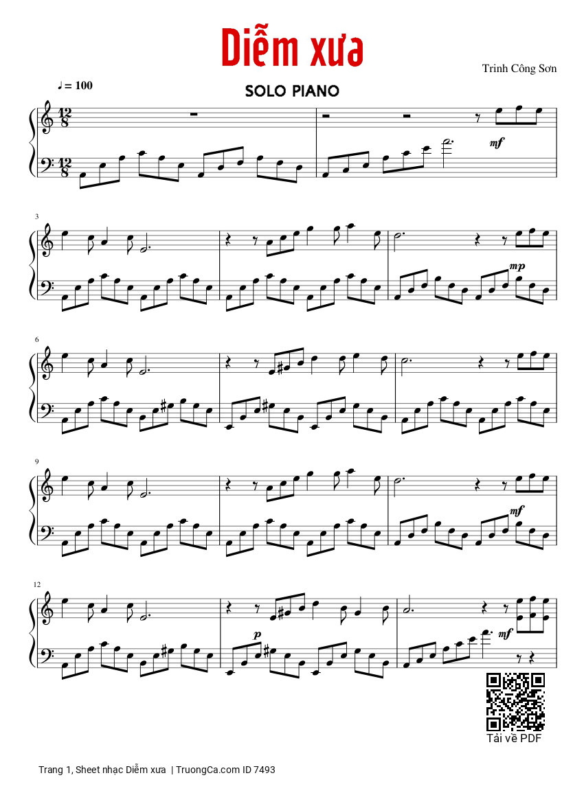 Sheet nhạc Piano Solo Diễm xưa