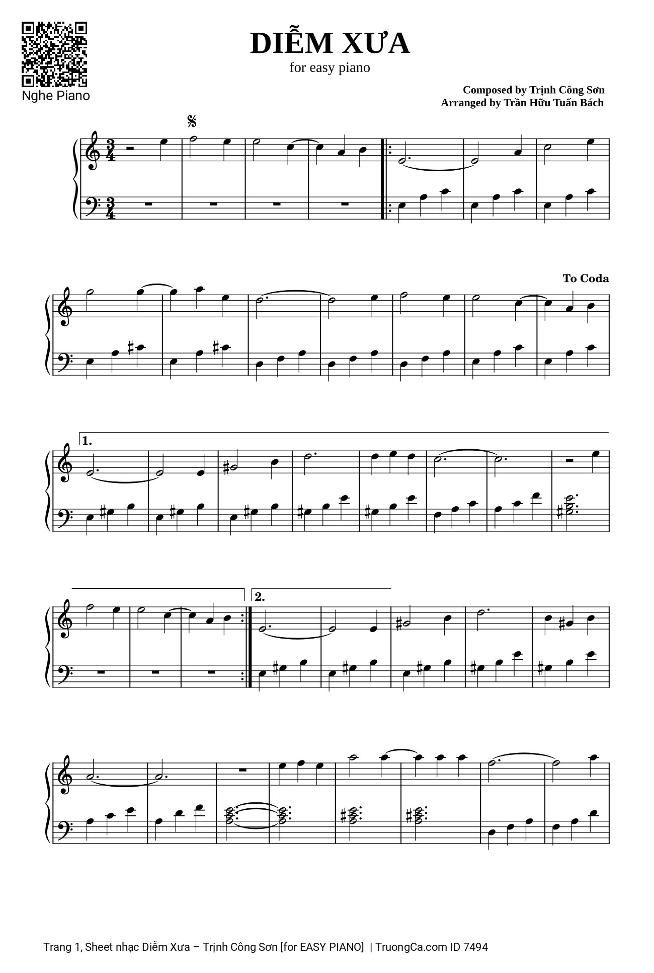 Sheet nhạc Diễm Xưa Piano dễ easy