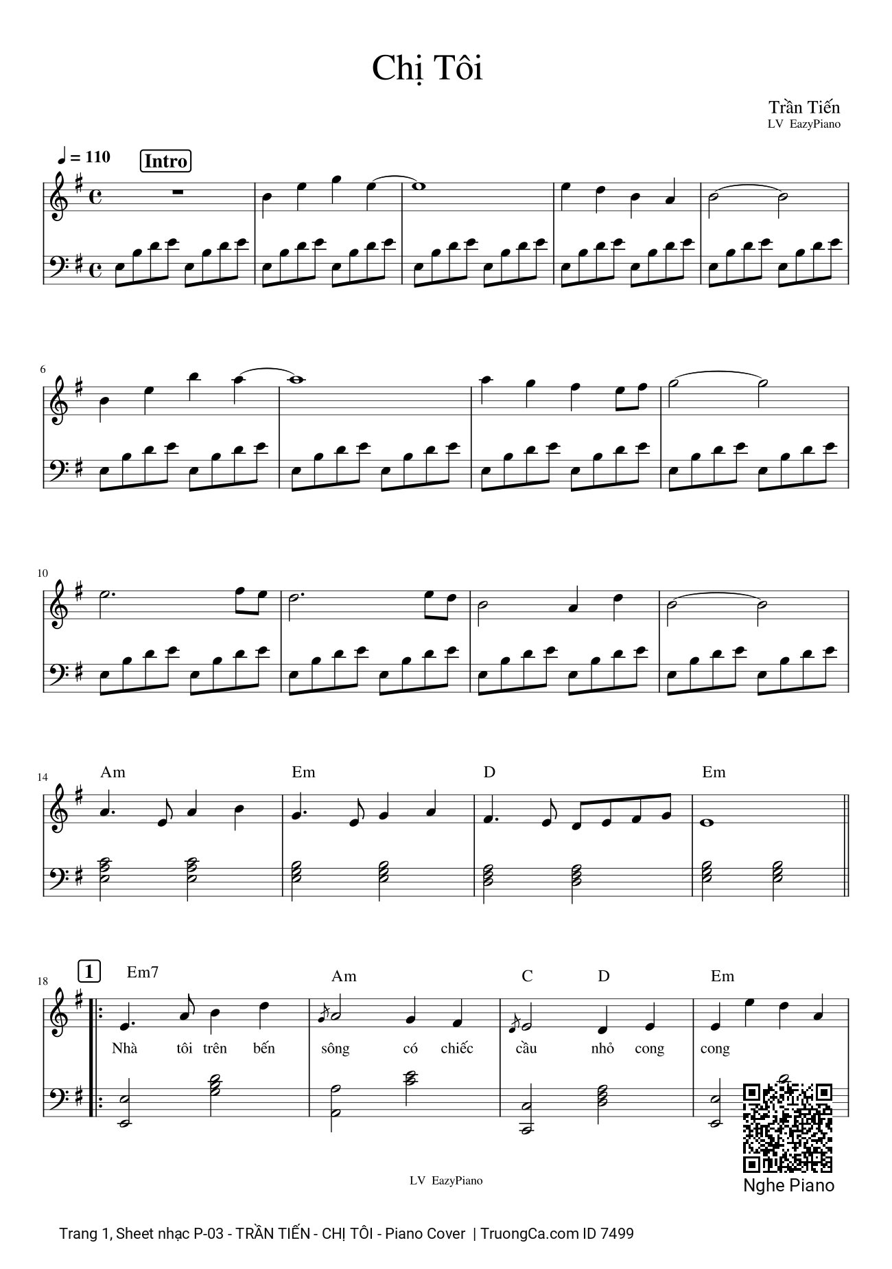 Sheet nhạc Chị tôi, sheet Piano cover