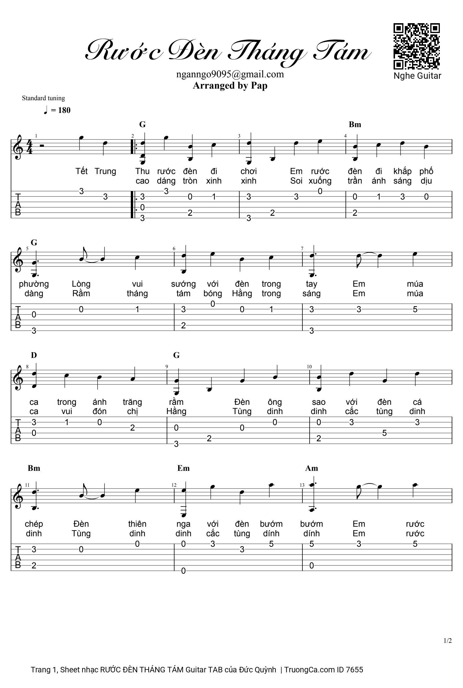 Trang 1 của Sheet nhạc PDF bài hát Rước đèn tháng Tám Guitar TAB - Đức Quỳnh, Tết Trung Thu rước đèn đi chơi. Em rước đèn đi khắp phố phường. Lòng vui sướng với đèn trong tay. Em