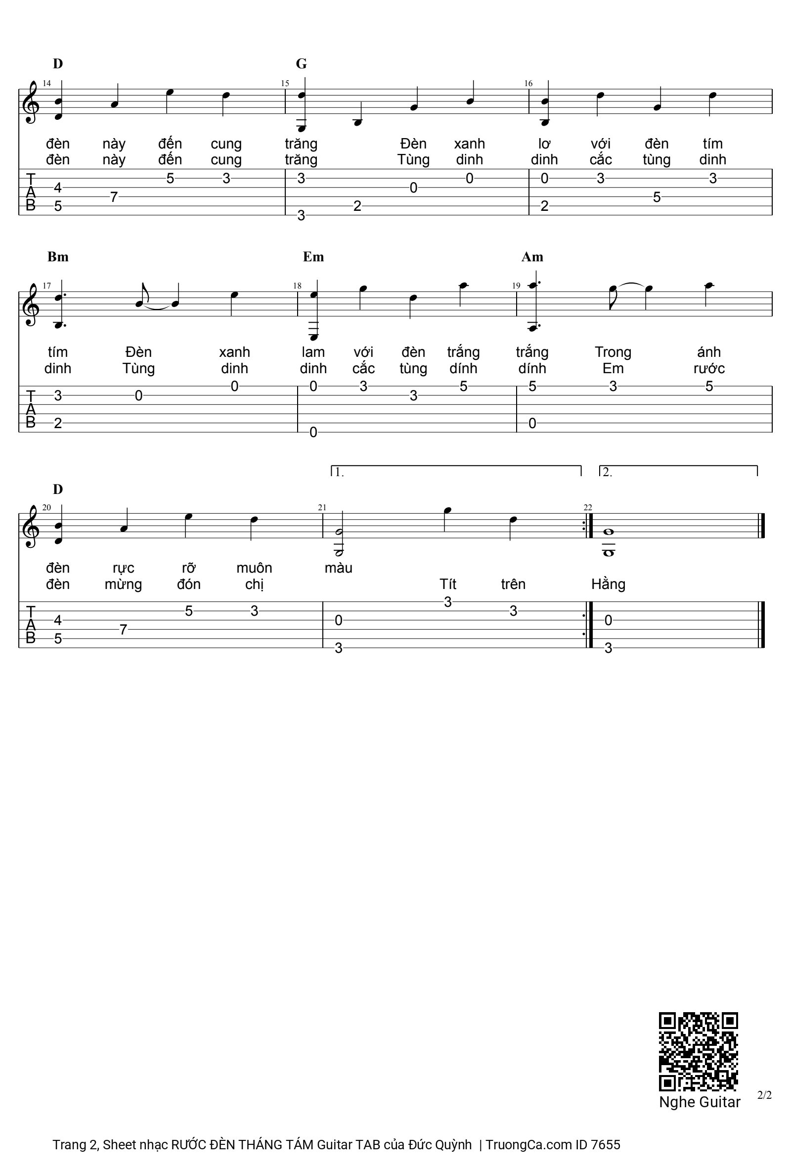 Trang 2 của Sheet nhạc PDF bài hát Rước đèn tháng Tám Guitar TAB - Đức Quỳnh, Tết Trung Thu rước đèn đi chơi. Em rước đèn đi khắp phố phường. Lòng vui sướng với đèn trong tay. Em