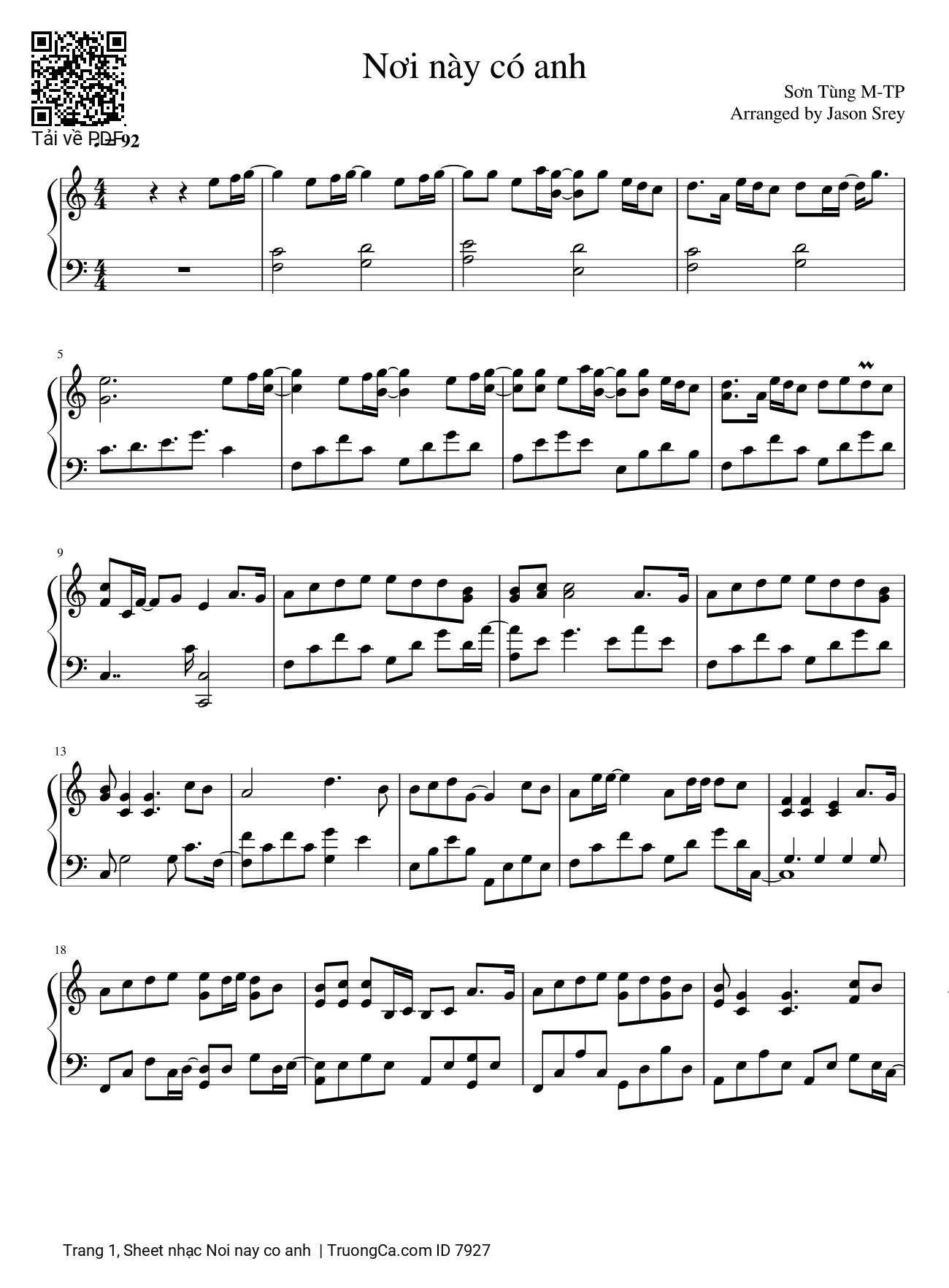 Trang 1 của Sheet nhạc PDF bài hát Sheet Piano Nơi Này Có Anh - Sơn Tùng M-TP, Em là ai từ đâu bước đến nơi đây dịu dàng chân phương. Em là ai tựa như ánh nắng ban mai ngọt ngào trong sương