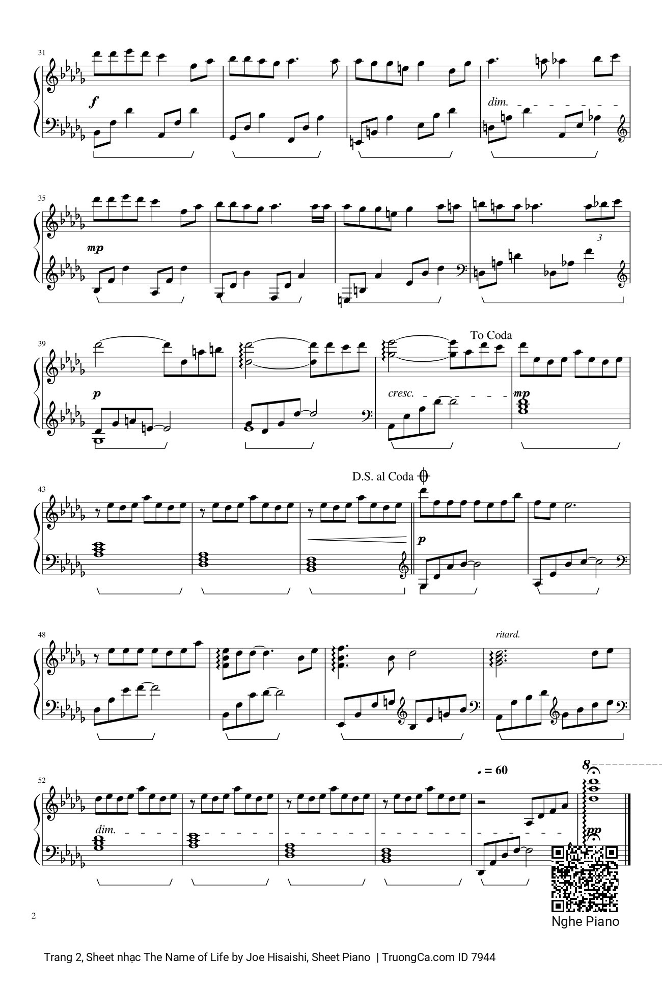 Trang 2 của Sheet nhạc PDF Piano bài hát The Name of Life, Joe Hisaishi, Sheet Piano - Joe Hisaishi, The Name of Life, by Joe Hisaishi, sheet Piano Solo. Nguồn Musescore.  