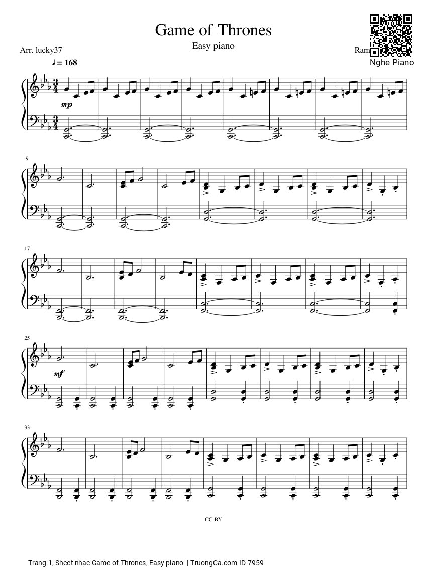 Trang 1 của Sheet nhạc PDF bài hát Game of Thrones Piano dễ tập - Ramin Djawadi, 