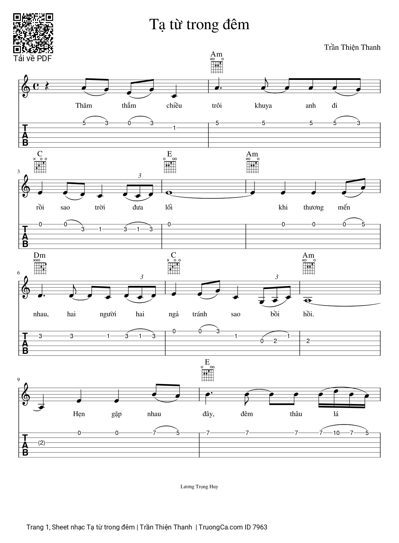 Trang 1 của Sheet nhạc PDF bài hát Tạ từ trong đêm Guitar - Trần Thiện Thanh, Thăm thẳm chiều trôi khuya anh đi rồi sao trời đưa lối