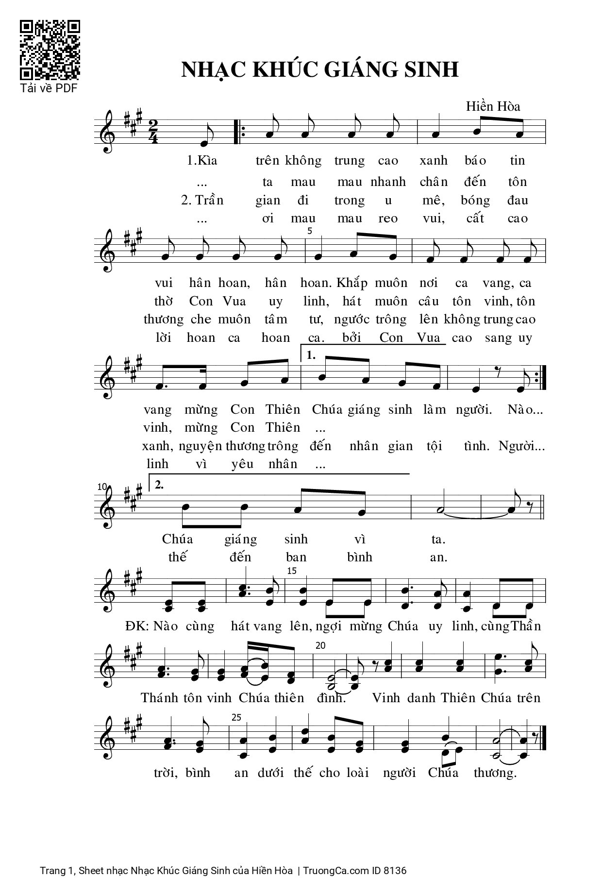 Trang 1 của Sheet nhạc PDF bài hát Nhạc Khúc Giáng Sinh - Hiền Hòa, 1. Kìa trên không trung cao xanh báo tin vui hân hoan, hân hoan. Khắp muôn nơi ca vang, ca vang mừng