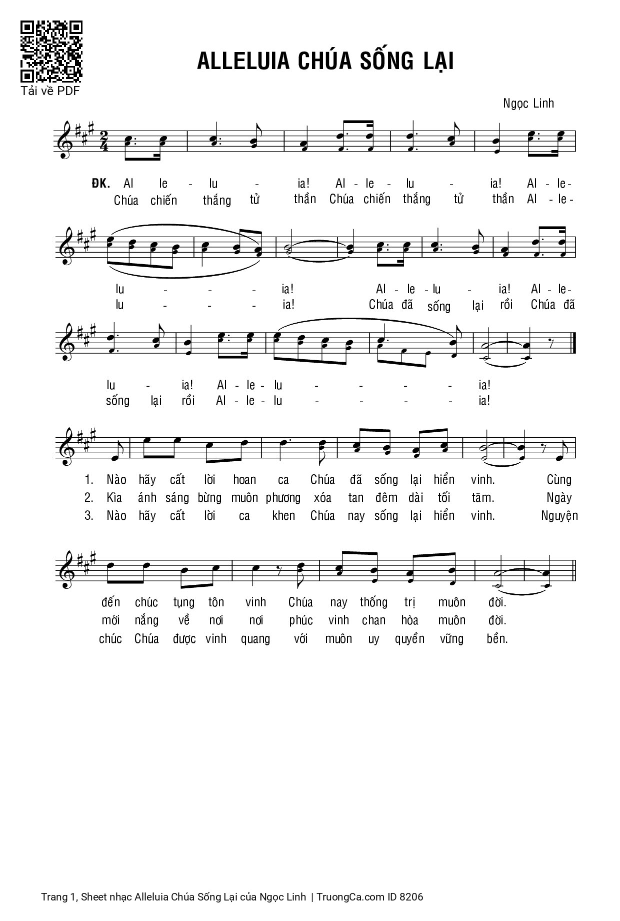 Trang 1 của Sheet nhạc PDF bài hát Alleluia Chúa Sống Lại - Ngọc Linh, ĐK. Alleluia! Alleluia! Alleluia! Alleluia! Alleluia! Alleluia! Chúa chiến thắng tử thần, Chúa chiế...