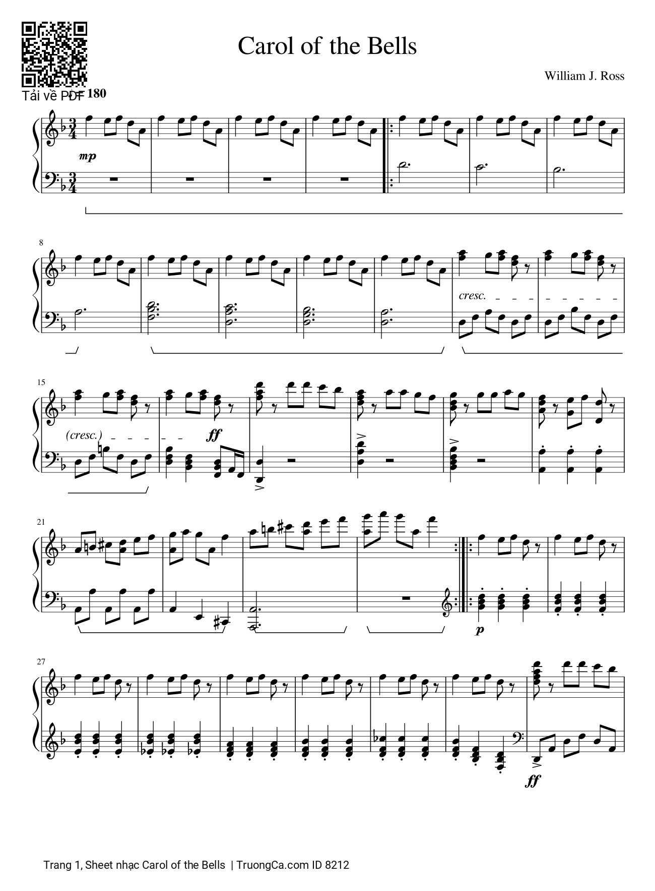 Trang 1 của Sheet nhạc PDF bài hát Carol of the Bells Piano - Dân ca Ukrainian, Ding dong ding dong ding, Hark how the bells, Sweet silver bells