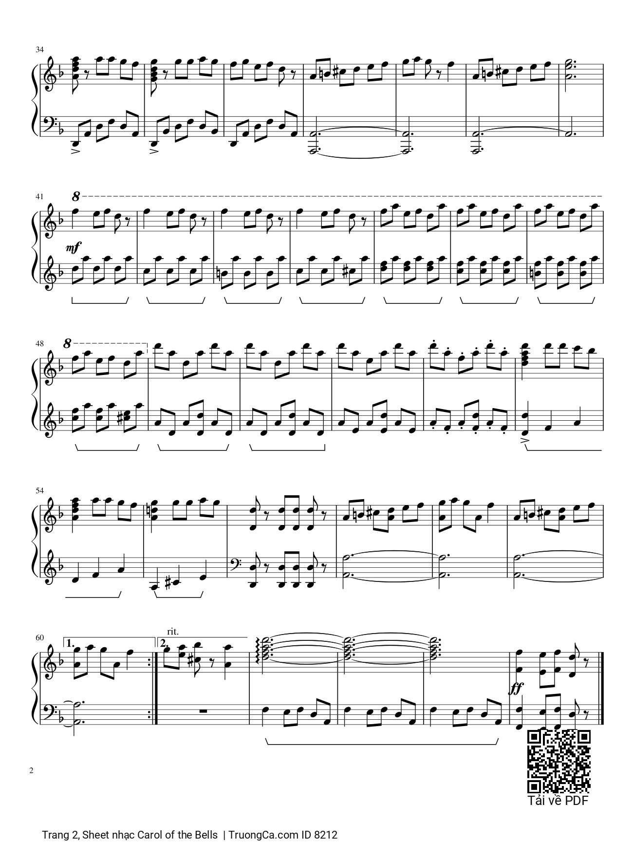 Trang 2 của Sheet nhạc PDF bài hát Carol of the Bells Piano - Dân ca Ukrainian, Ding dong ding dong ding, Hark how the bells, Sweet silver bells