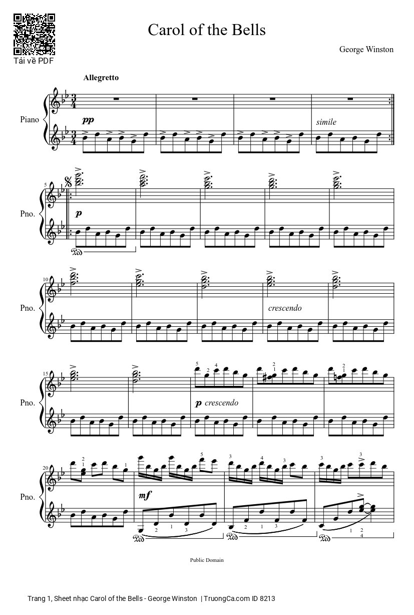 Trang 1 của Sheet nhạc PDF bài hát Carol of the Bells sheet Piano - Dân ca Ukrainian, Ding dong ding dong ding, Hark how the bells, Sweet silver bells.  