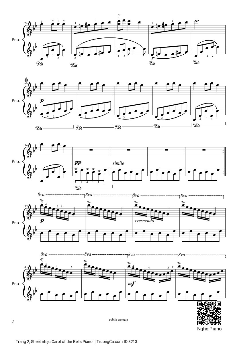 Trang 2 của Sheet nhạc PDF bài hát Carol of the Bells sheet Piano - Dân ca Ukrainian, Ding dong ding dong ding, Hark how the bells, Sweet silver bells.  