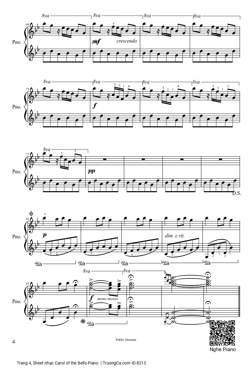 Trang 4 của Sheet nhạc PDF bài hát Carol of the Bells sheet Piano - Dân ca Ukrainian, Ding dong ding dong ding, Hark how the bells, Sweet silver bells.  