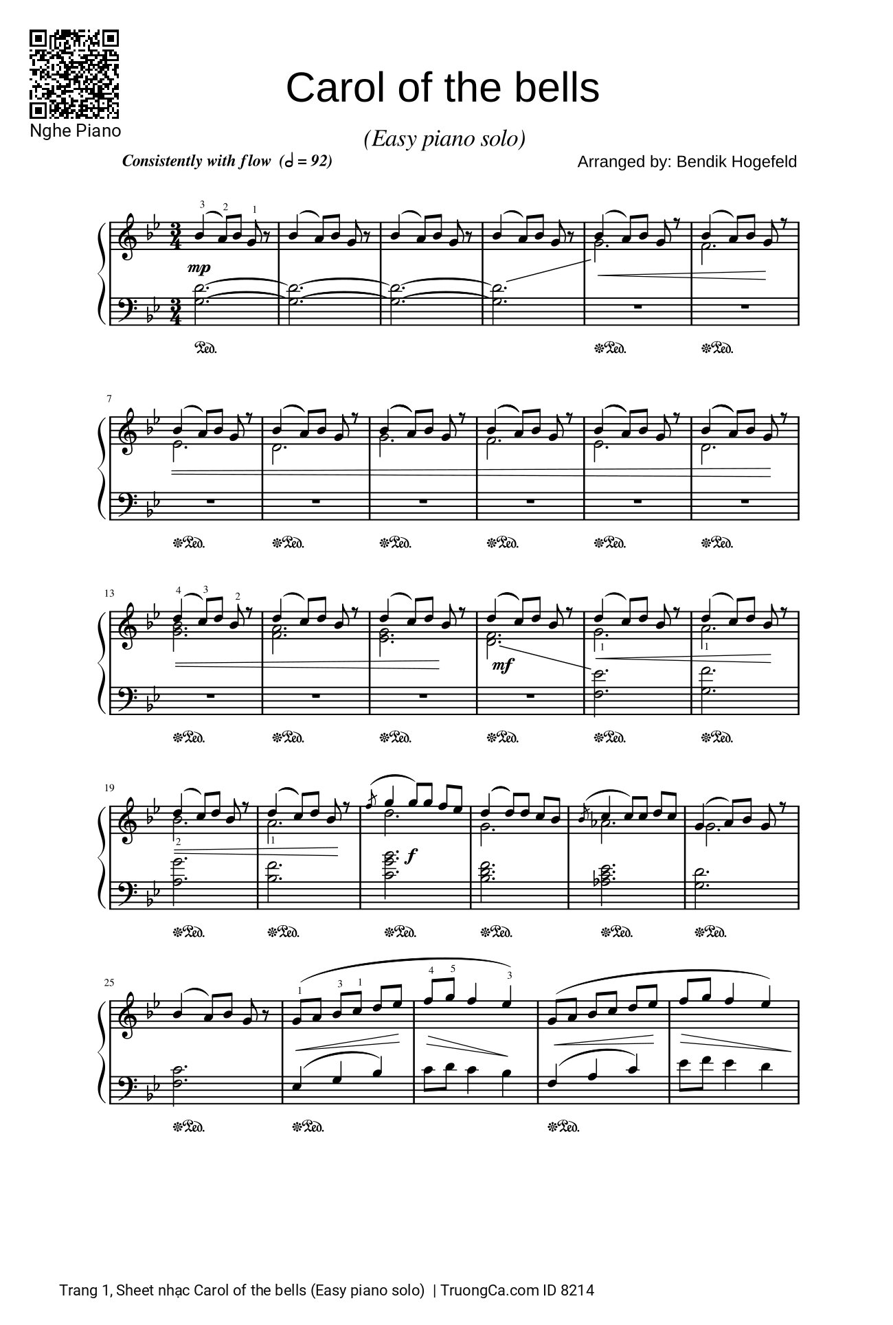 Trang 1 của Sheet nhạc PDF bài hát Carol of the bells (Easy piano solo) - Dân ca Ukrainian, Ding dong ding dong ding, Hark how the bells, Sweet silver bells