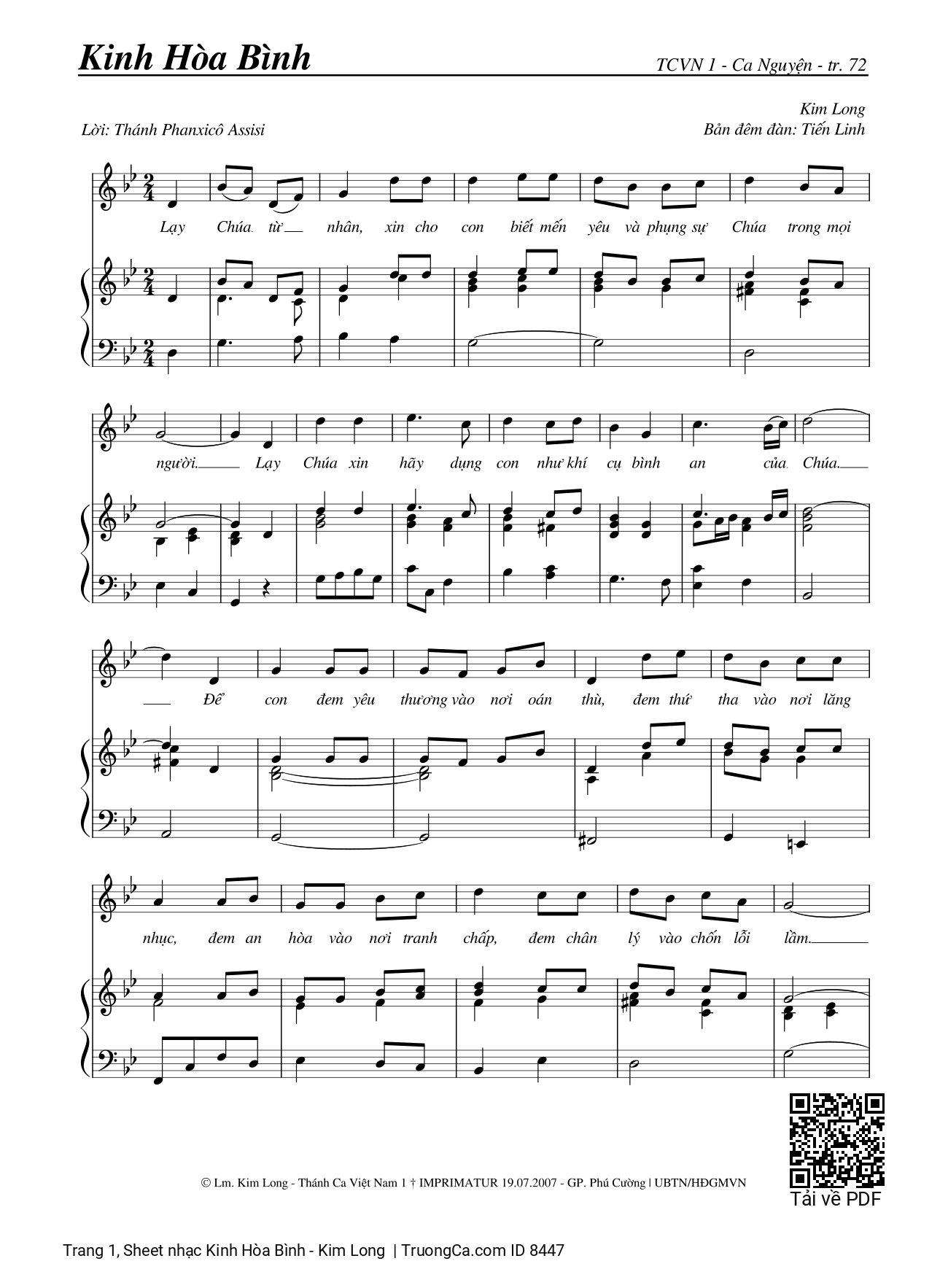 Sheet nhạc Kinh Hòa Bình đệm Piano