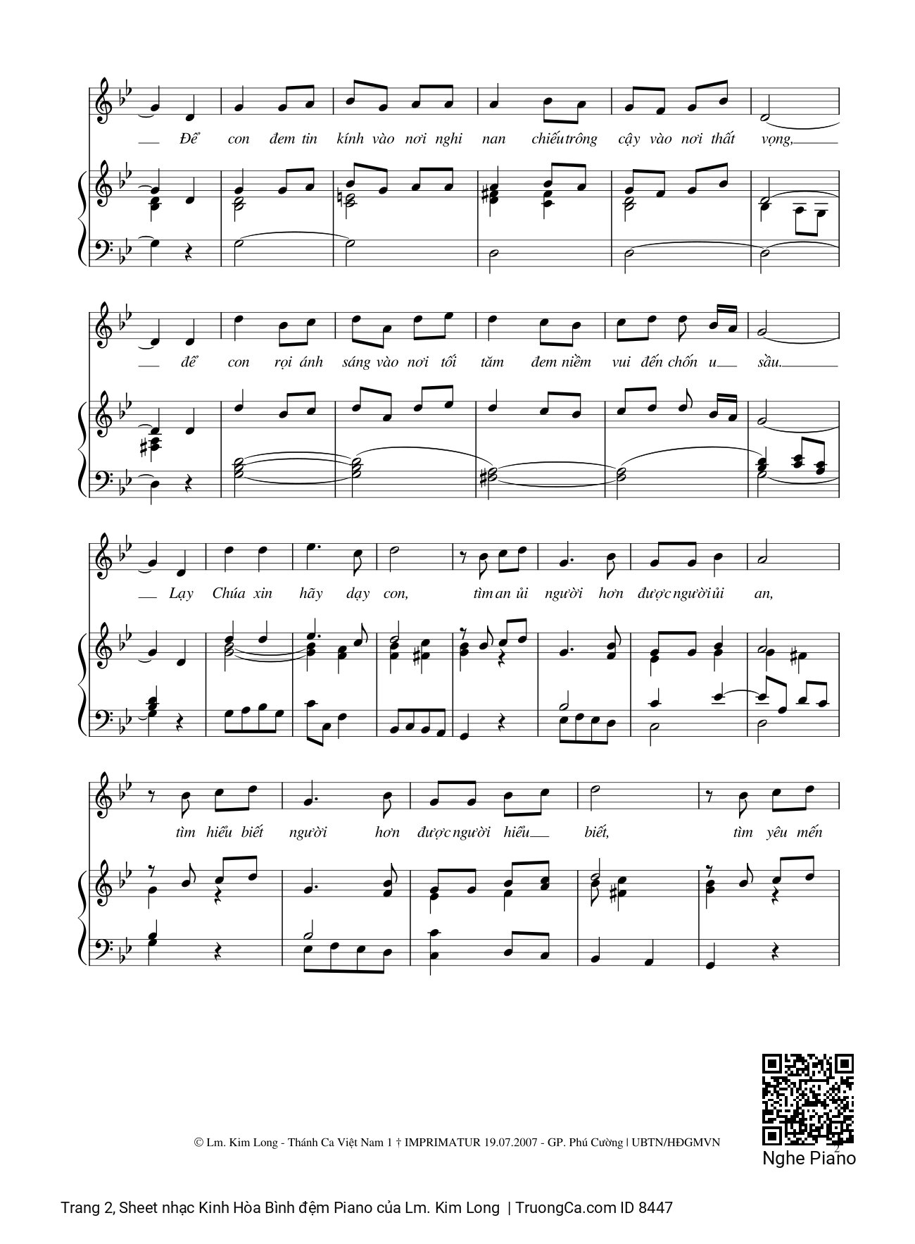 Trang 2 của Sheet nhạc PDF bài hát Kinh Hòa Bình đệm Piano - Lm. Kim Long, Lạy Chúa từ nhân xin cho con biết mến yêu và phụng sự Chúa trong mọi người. Tone Gm