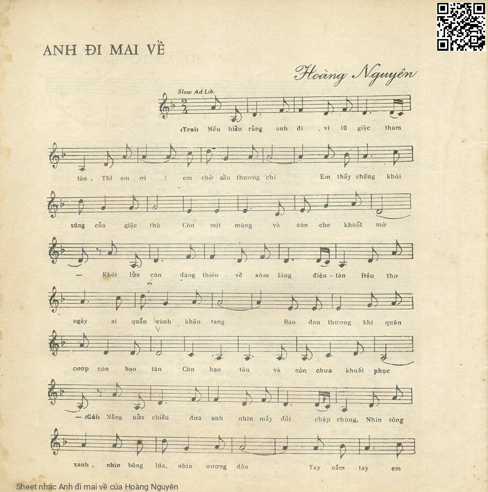 Trang 1 của Sheet nhạc PDF bài hát Anh đi mai về - Hoàng Nguyên, Nếu hiểu  rằng anh đi vì lũ giặc tham tàn