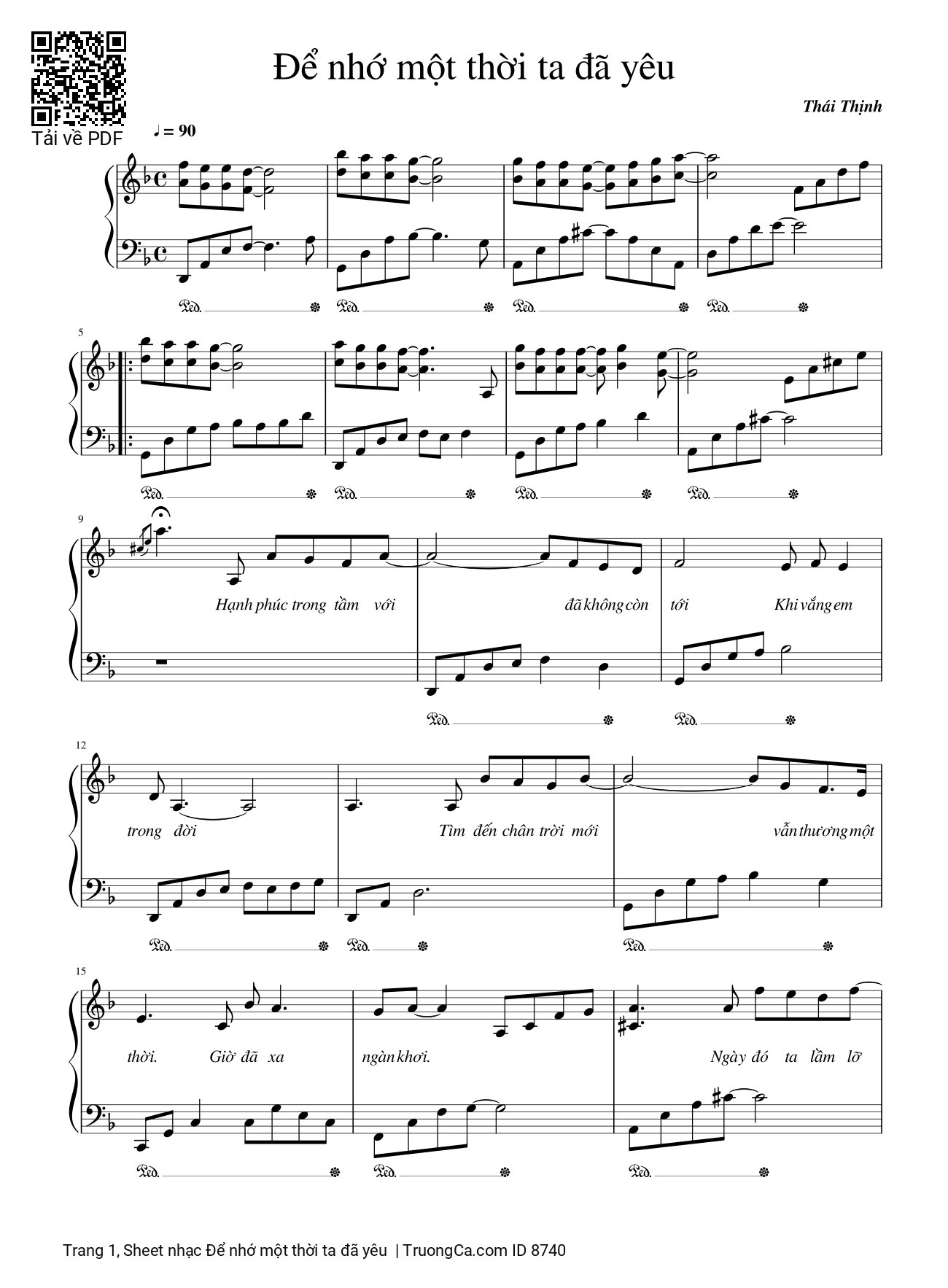 Trang 1 của Sheet nhạc PDF bài hát Để nhớ một thời ta đã yêu Piano - Thái Thịnh Piano, Hạnh phúc trong tầm với đã không còn tới khi vắng em trong đời