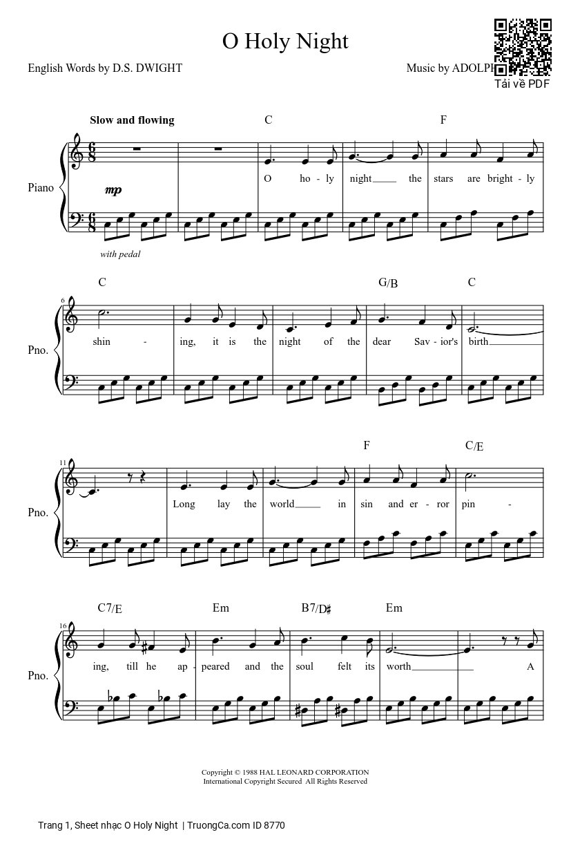 O Holy Night sheet Piano dễ tập