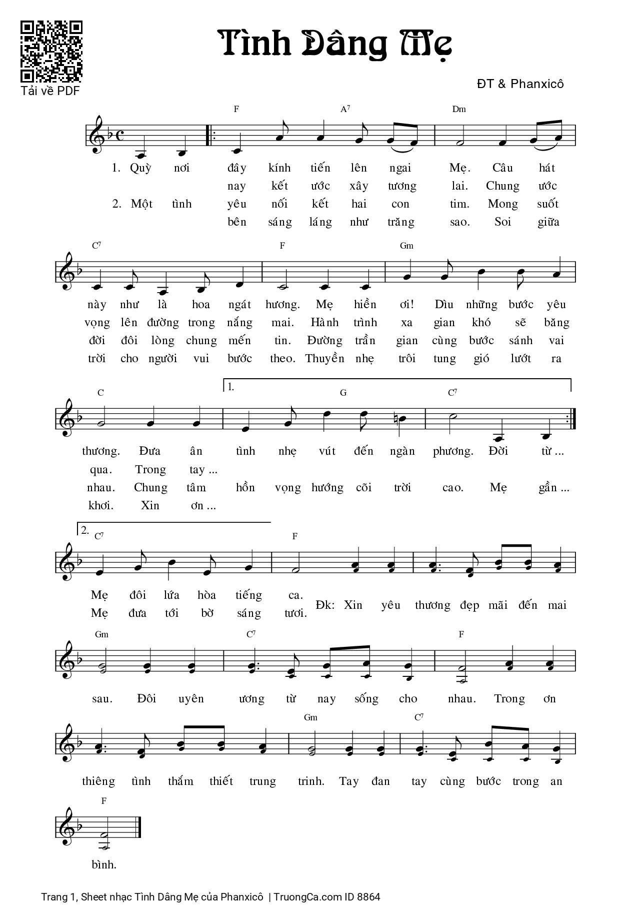 Trang 1 của Sheet nhạc PDF bài hát Tình Dâng Mẹ - Phanxicô
