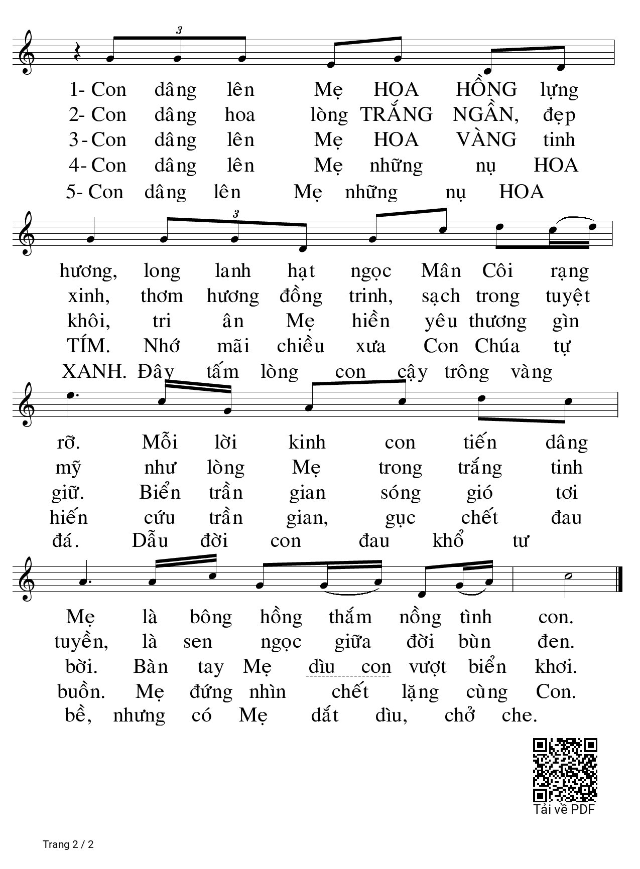 Trang 2 của Sheet nhạc PDF bài hát Năm Sắc Hoa Mân Côi - Mai Nguyên Vũ, Mùa hoa mới sang Muôn loài hoa đua nở