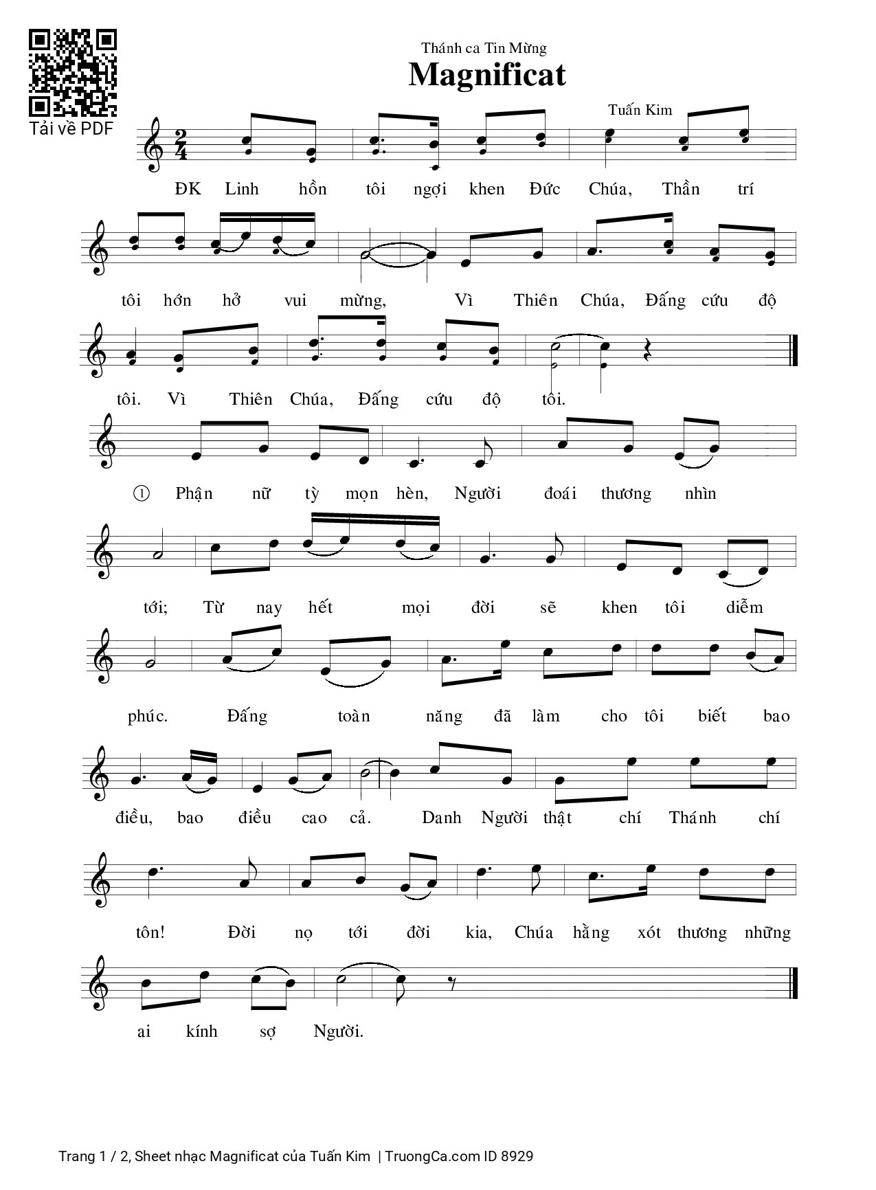 Trang 1 của Sheet nhạc PDF bài hát Magnificat - Tuấn Kim