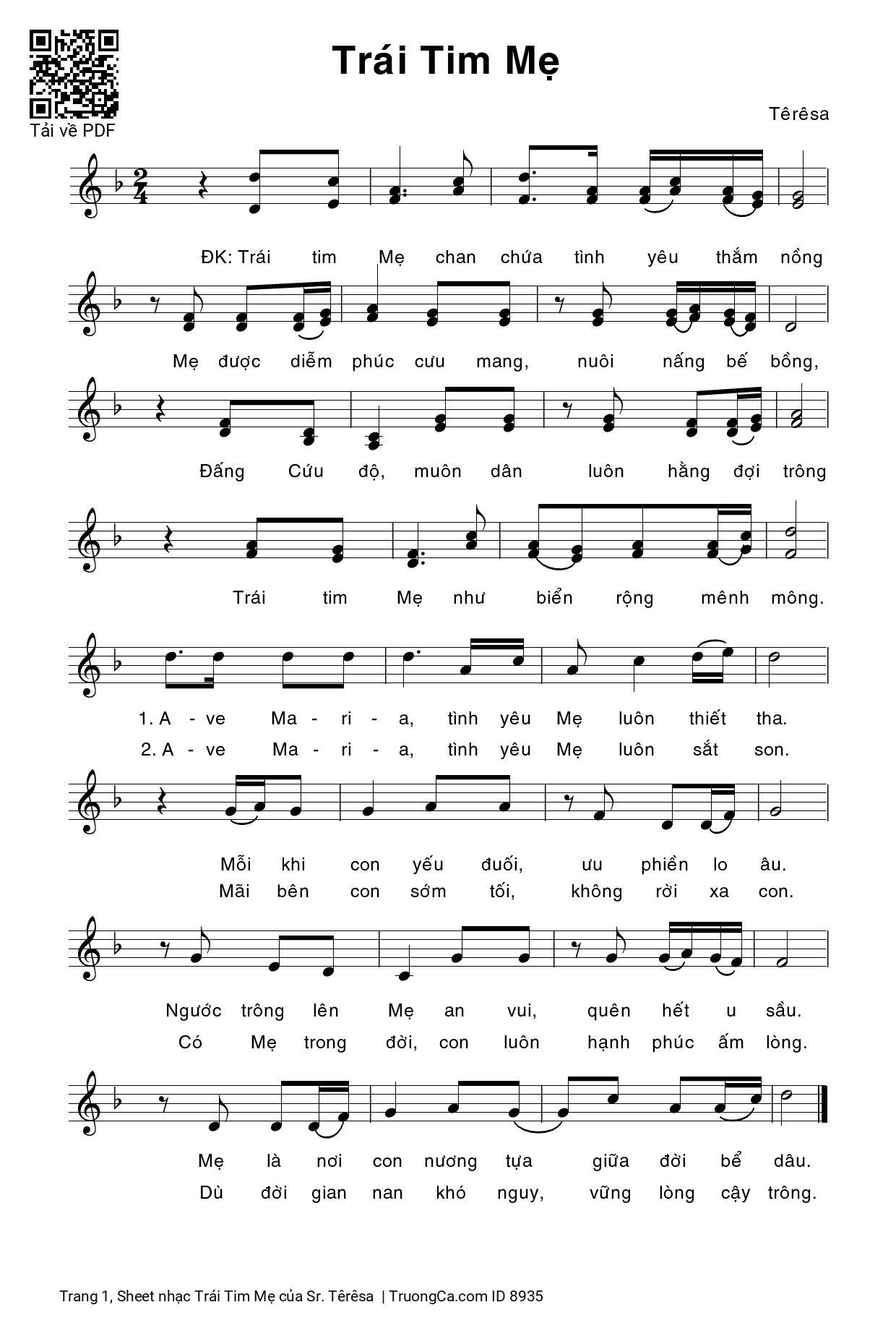 Sheet nhạc PDF bài Trái Tim Mẹ - Sr. Têrêsa