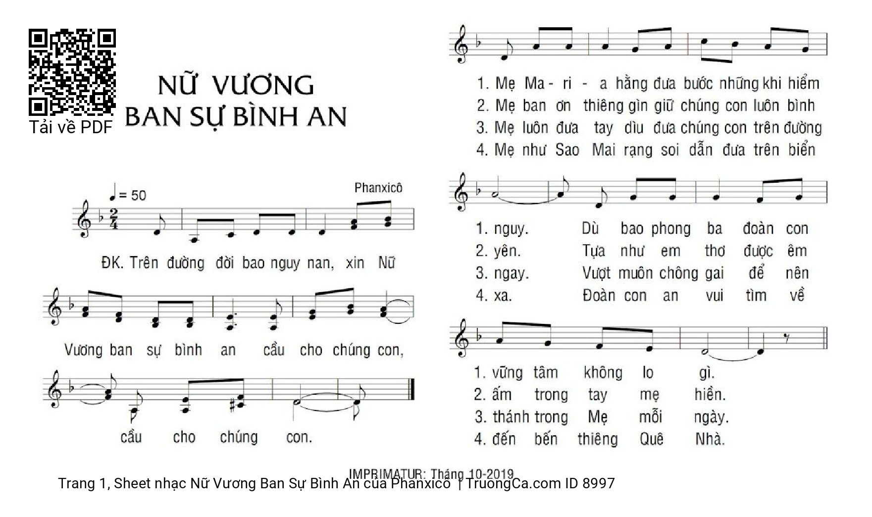 Sheet nhạc Nữ Vương Ban Sự Bình An