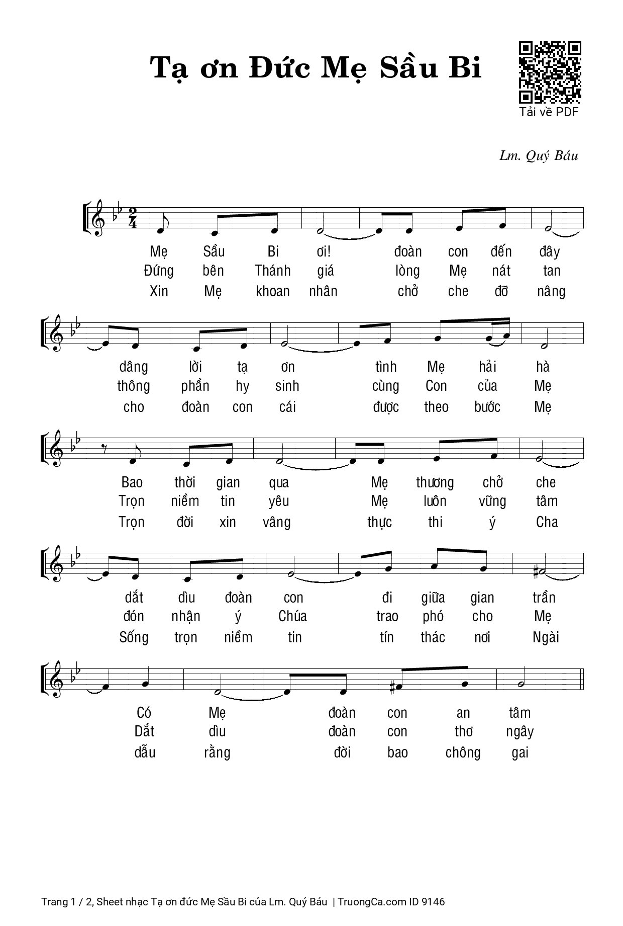 Trang 1 của Sheet nhạc PDF bài hát Tạ ơn đức Mẹ Sầu Bi - Lm. Quý Báu