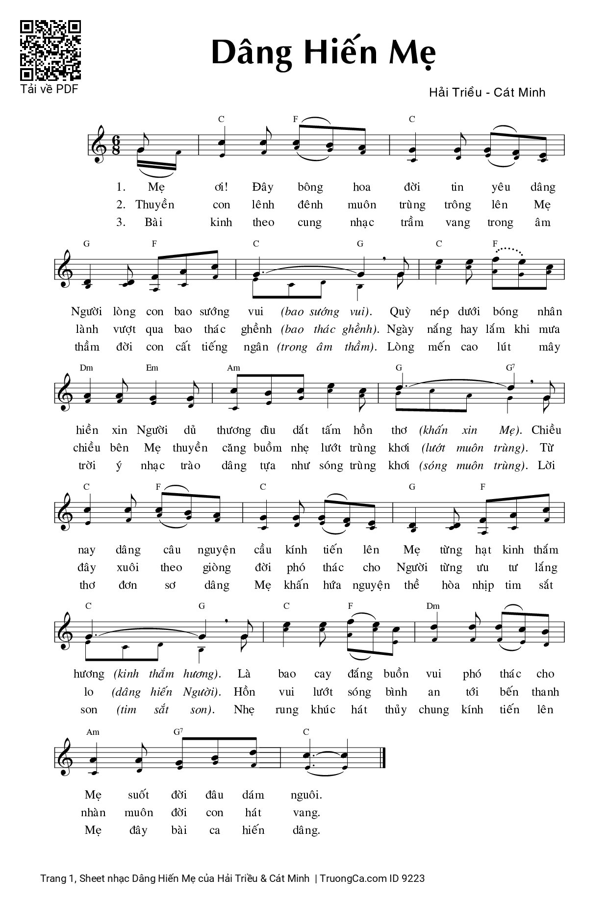 Trang 1 của Sheet nhạc PDF bài hát Dâng Hiến Mẹ - Hải Triều & Cát Minh