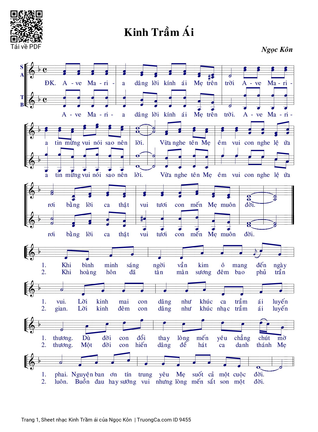 Trang 1 của Sheet nhạc PDF bài hát Kinh Trầm ái - Ngọc Kôn