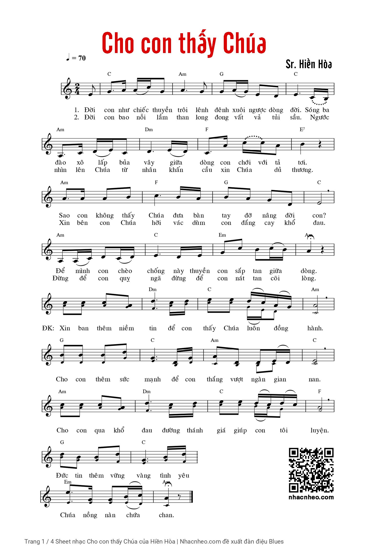 Trang 1 của Sheet nhạc PDF Piano bài hát Cho con thấy Chúa - Hiền Hòa, Có sheet Piano solo và sheet lời có nốt, kèm đoạn intro, Có nghe Piano nhúng từ Musescore