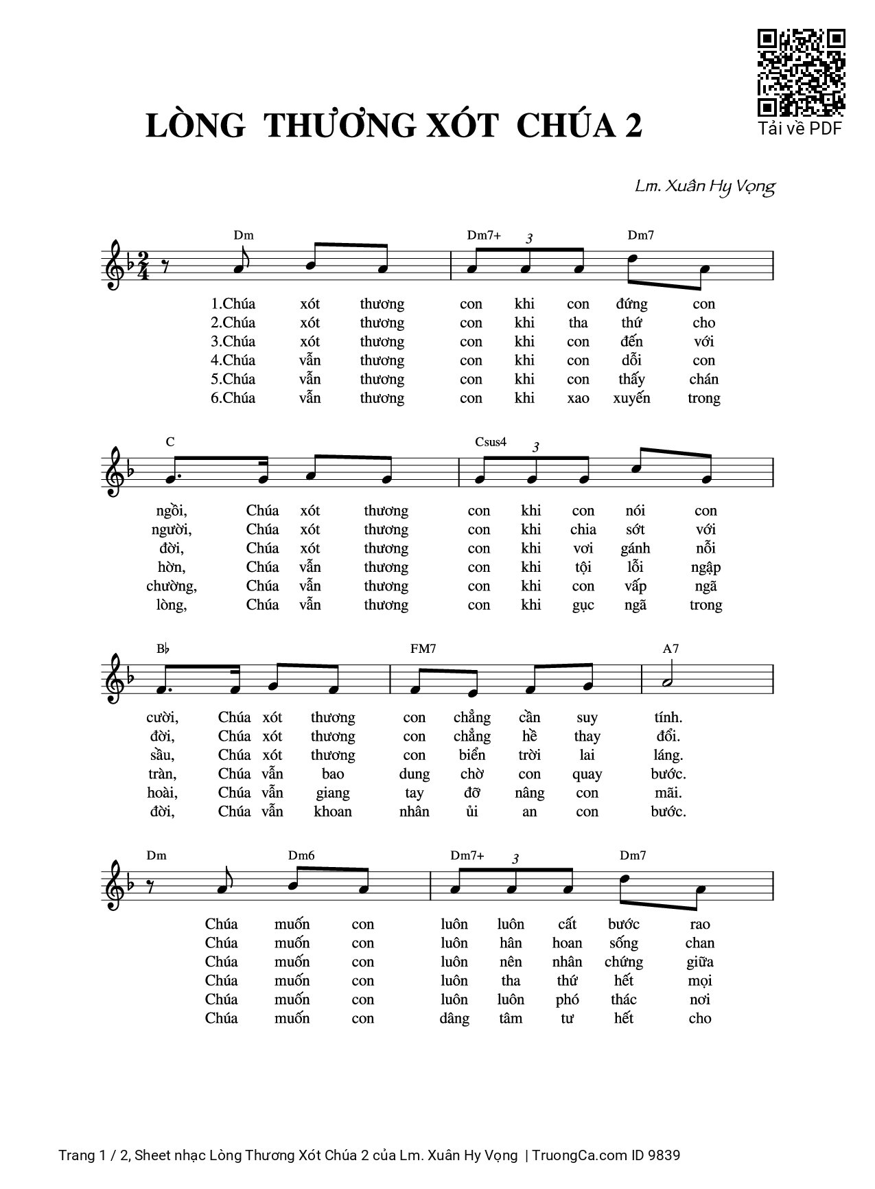 Trang 1 của Sheet nhạc PDF bài hát Lòng Thương Xót Chúa 2 - Lm. Xuân Hy Vọng