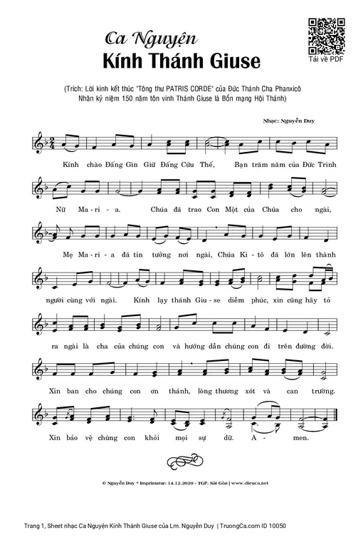 Sheet nhạc PDF bài Ca Nguyện Kính Thánh Giuse